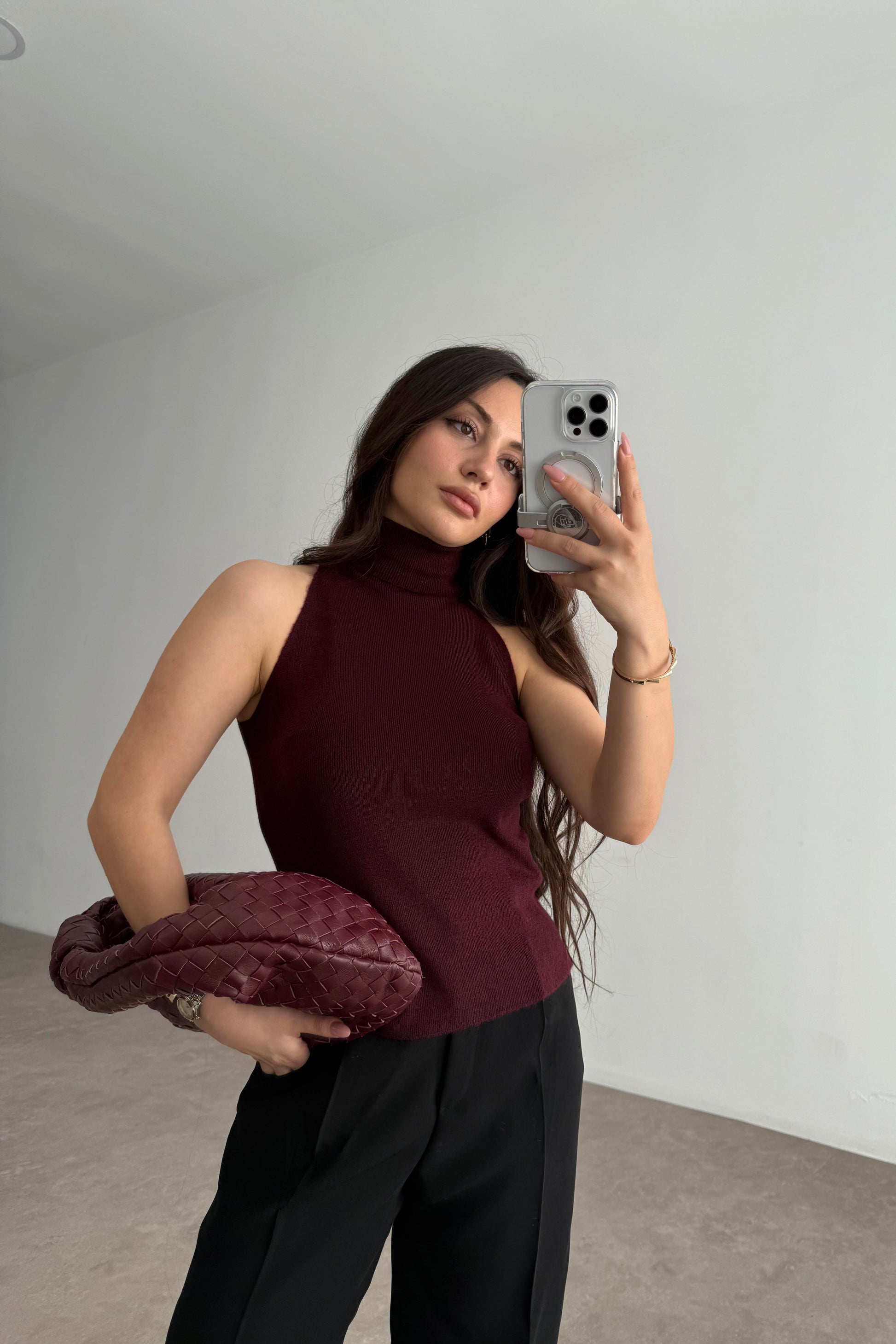 Balıkçı Yaka Sıfır Kollu Triko Bordo Bluz