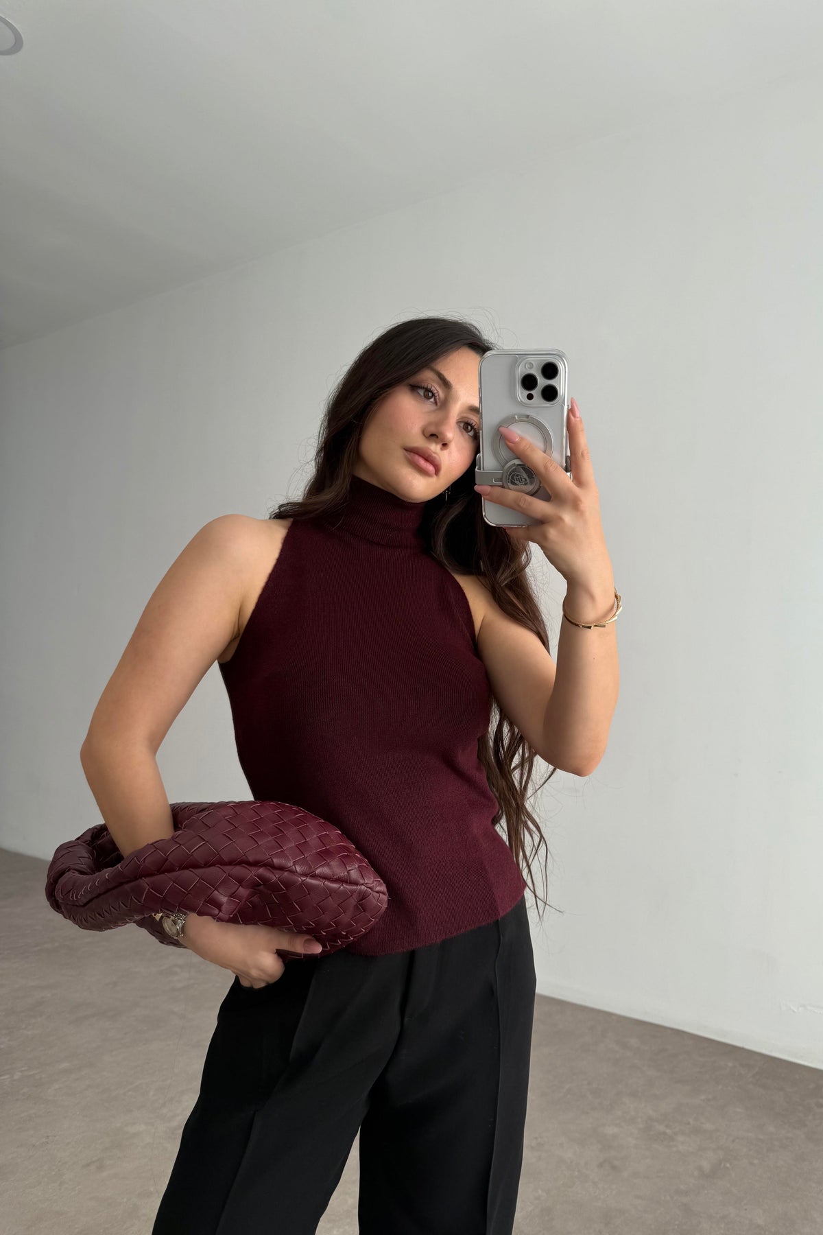 Balıkçı Yaka Sıfır Kollu Triko Bordo Bluz