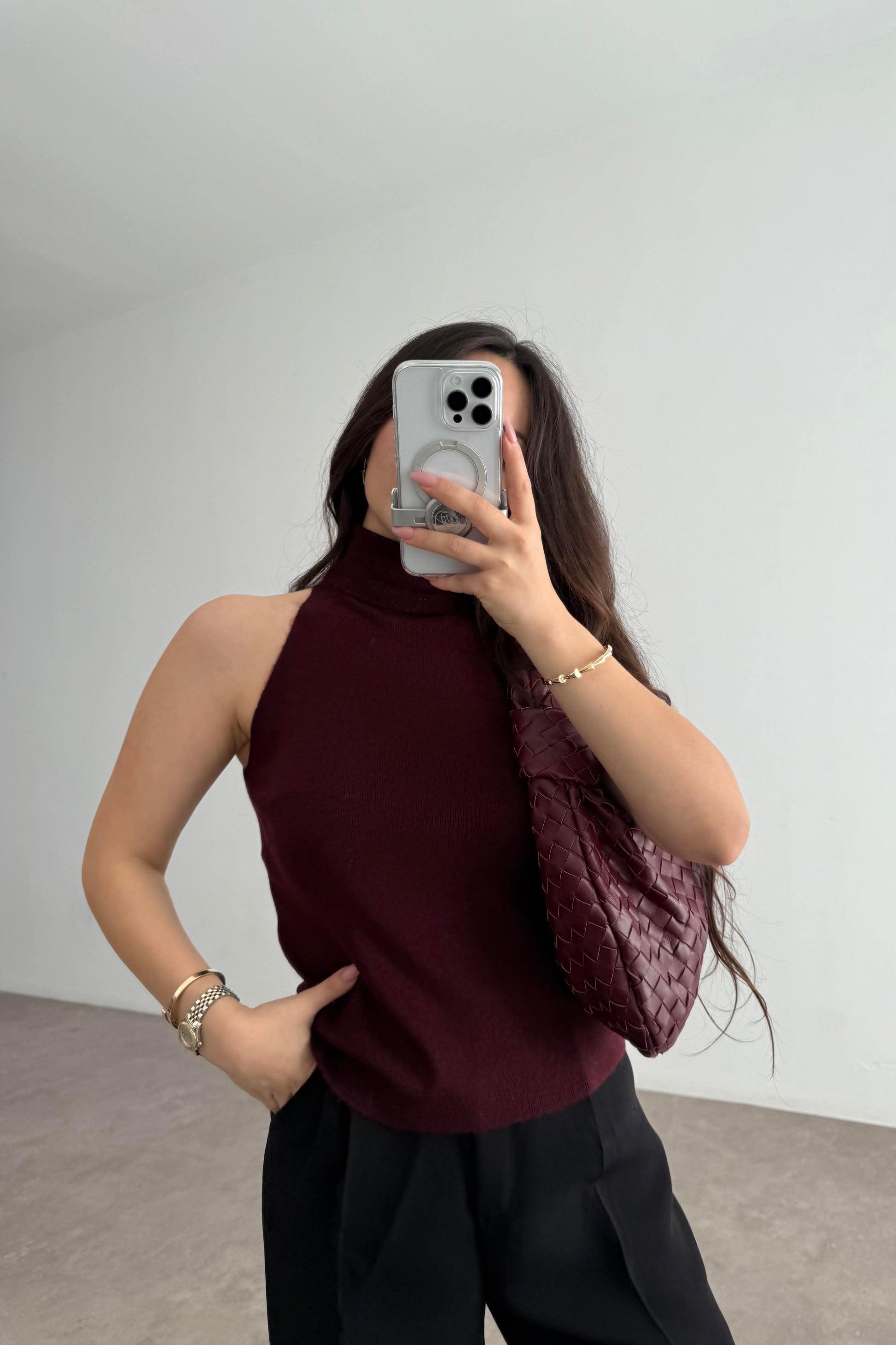 Balıkçı Yaka Sıfır Kollu Triko Bordo Bluz
