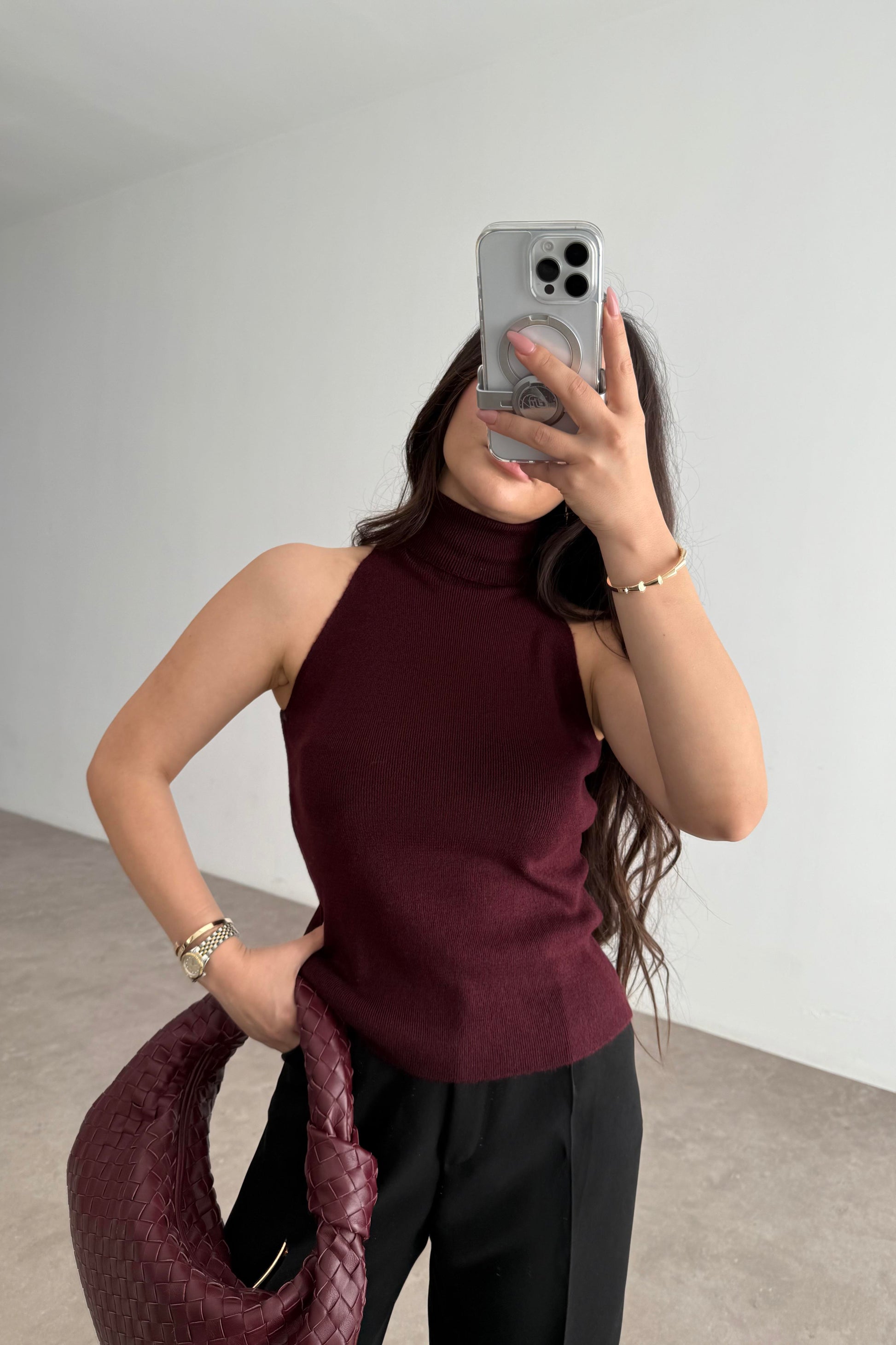 Balıkçı Yaka Sıfır Kollu Triko Bordo Bluz