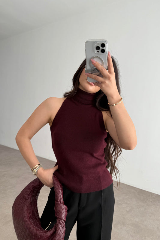 Balıkçı Yaka Sıfır Kollu Triko Bordo Bluz