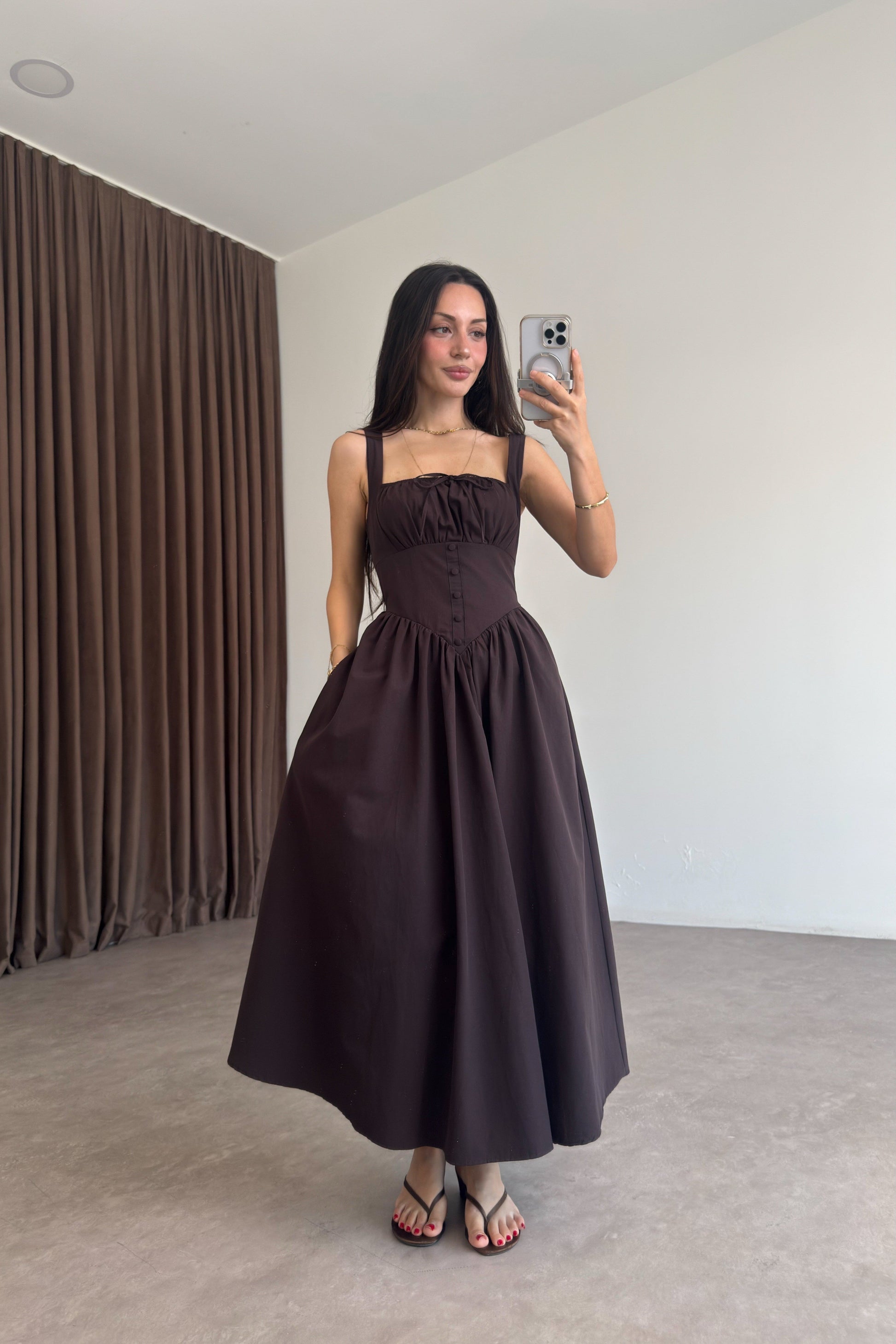 Beli Gipeli Romantik Acı Kahve Midi Elbise