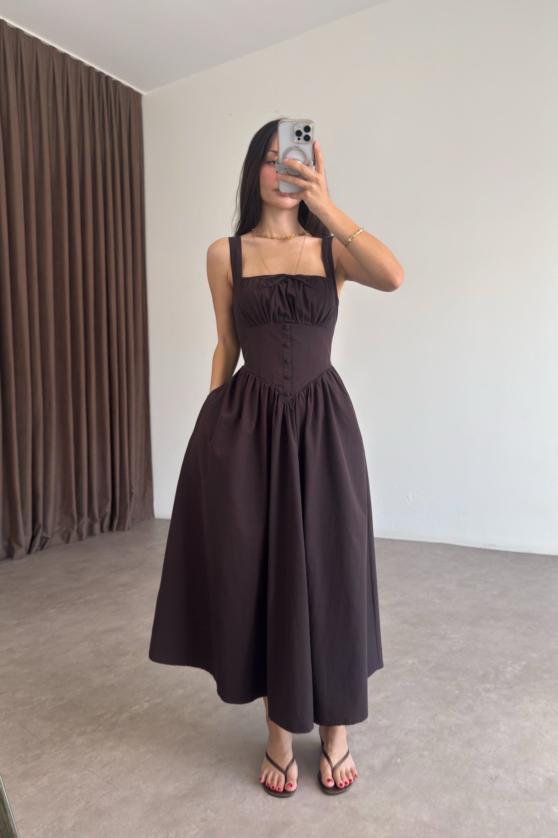Beli Gipeli Romantik Acı Kahve Midi Elbise