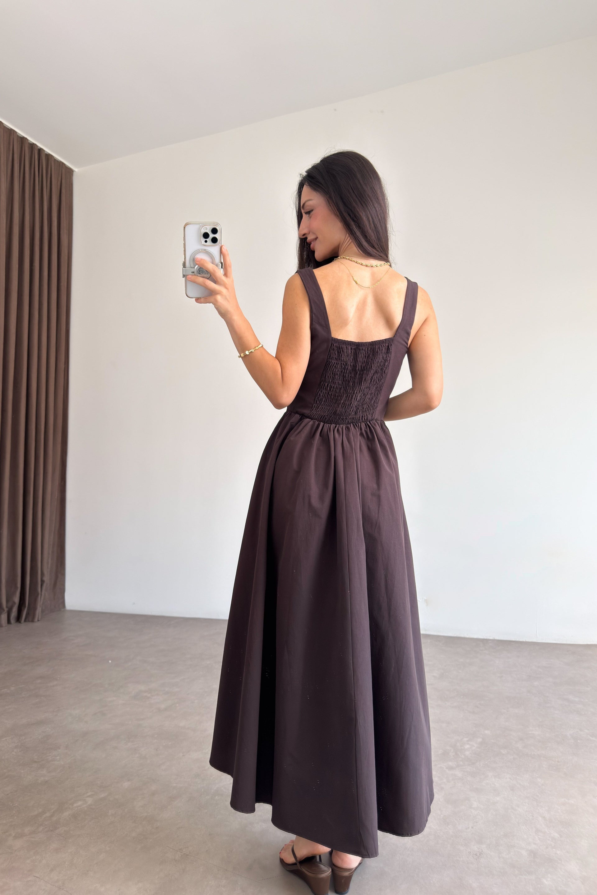 Beli Gipeli Romantik Acı Kahve Midi Elbise