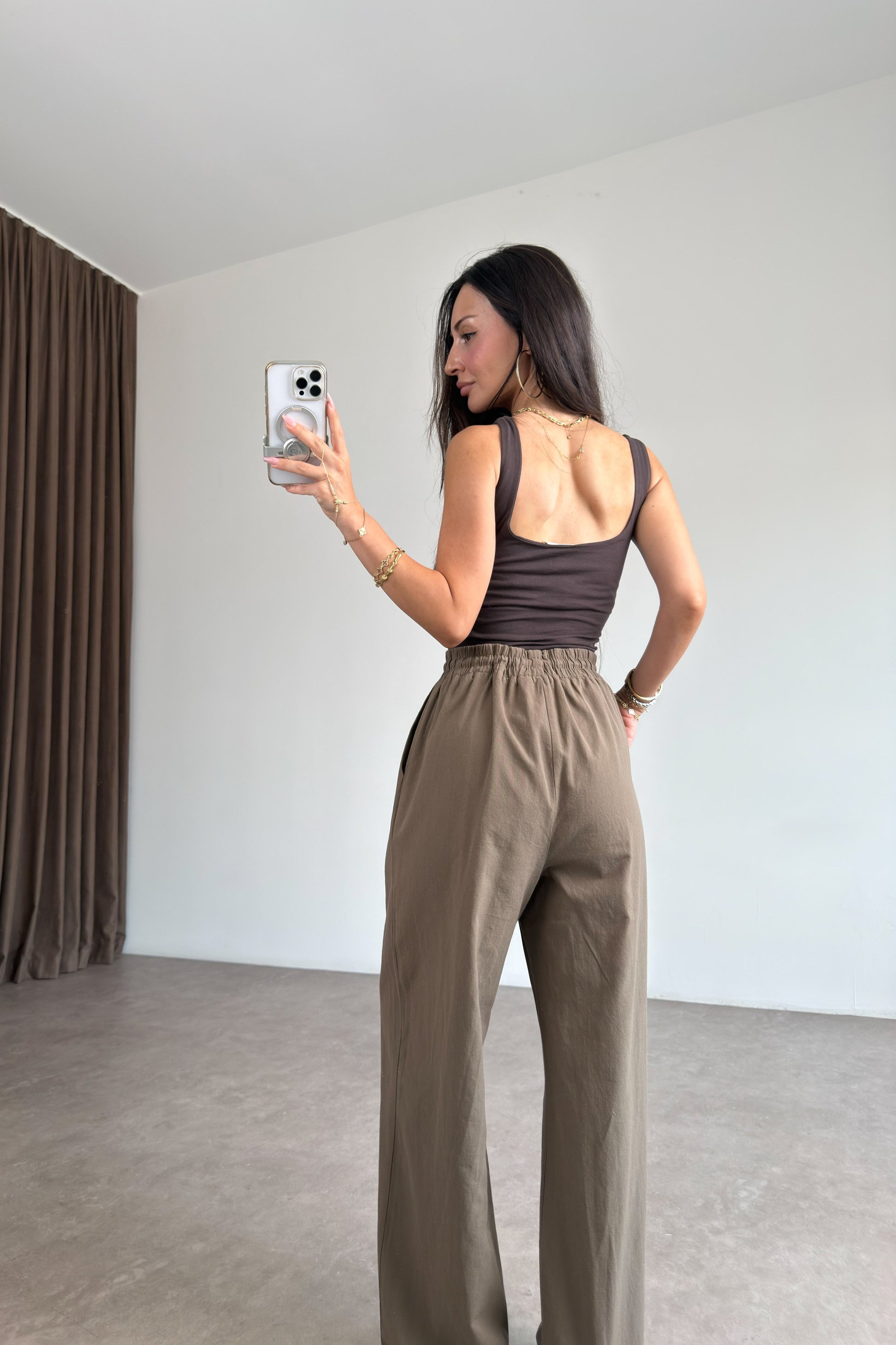Beli Lastikli Boncuk Detaylı Geniş Paça Keten Khaki Pantolon