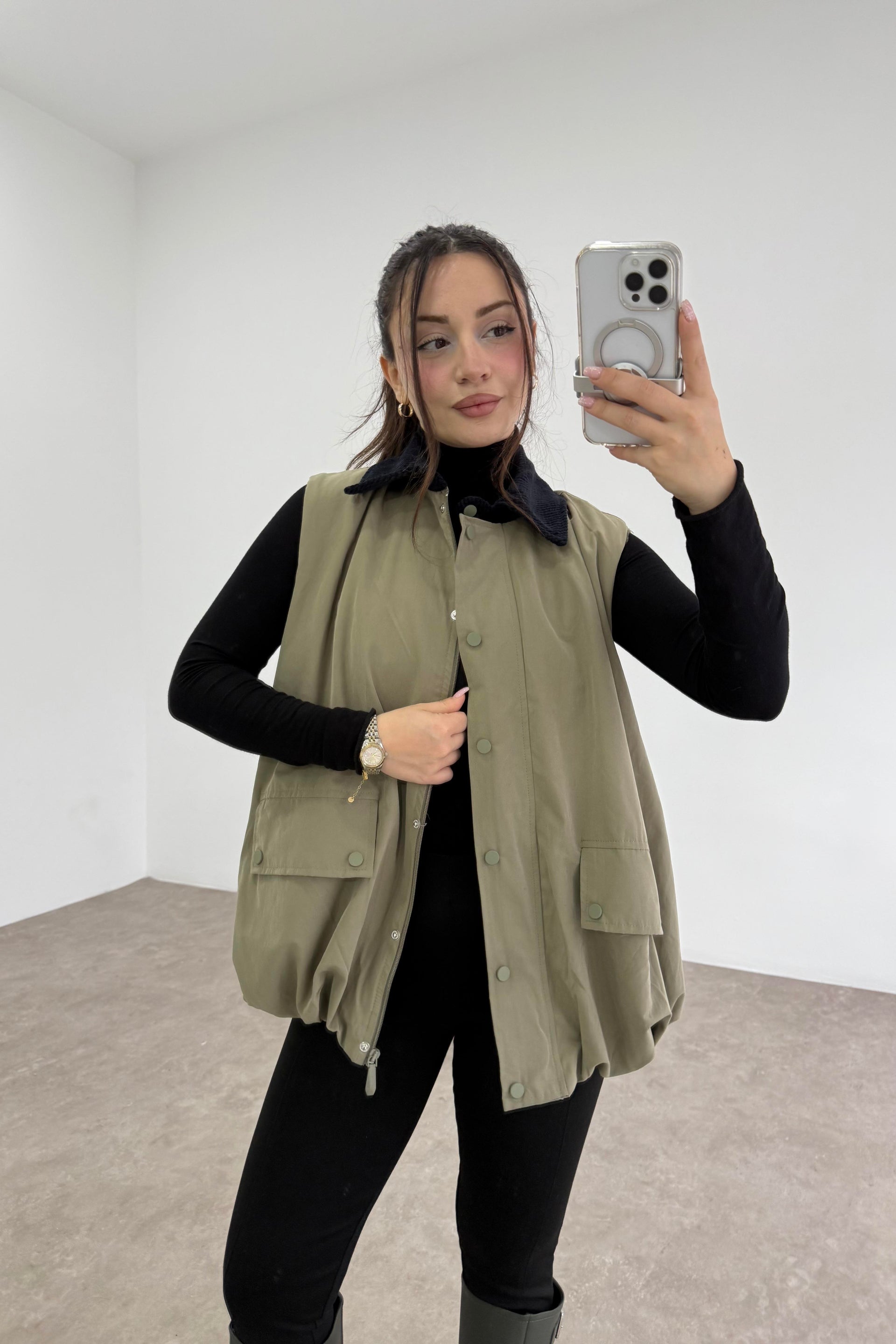 Bomber Yakalı Tensel İçi Kürklü Çağla Yelek