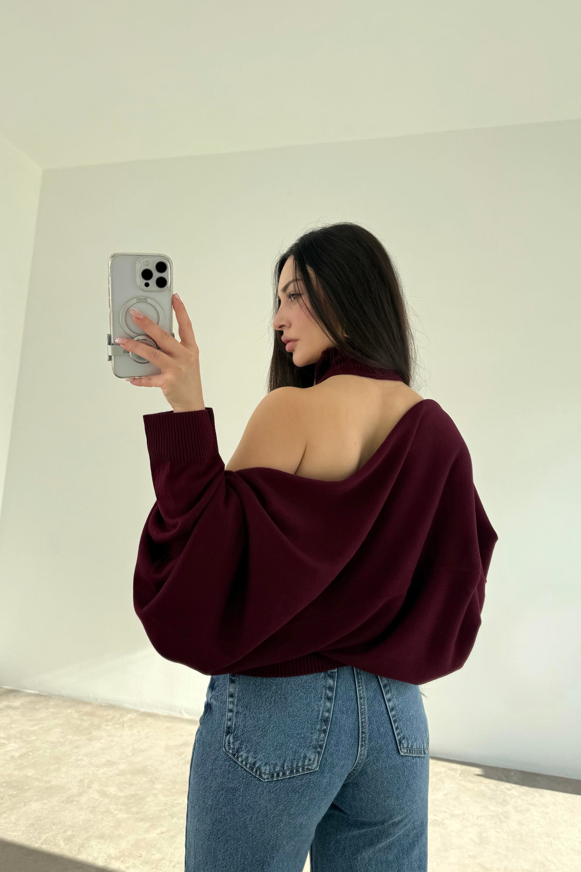 Bordo Halter Kesim Bluzlu Bolerolu Takım Üst