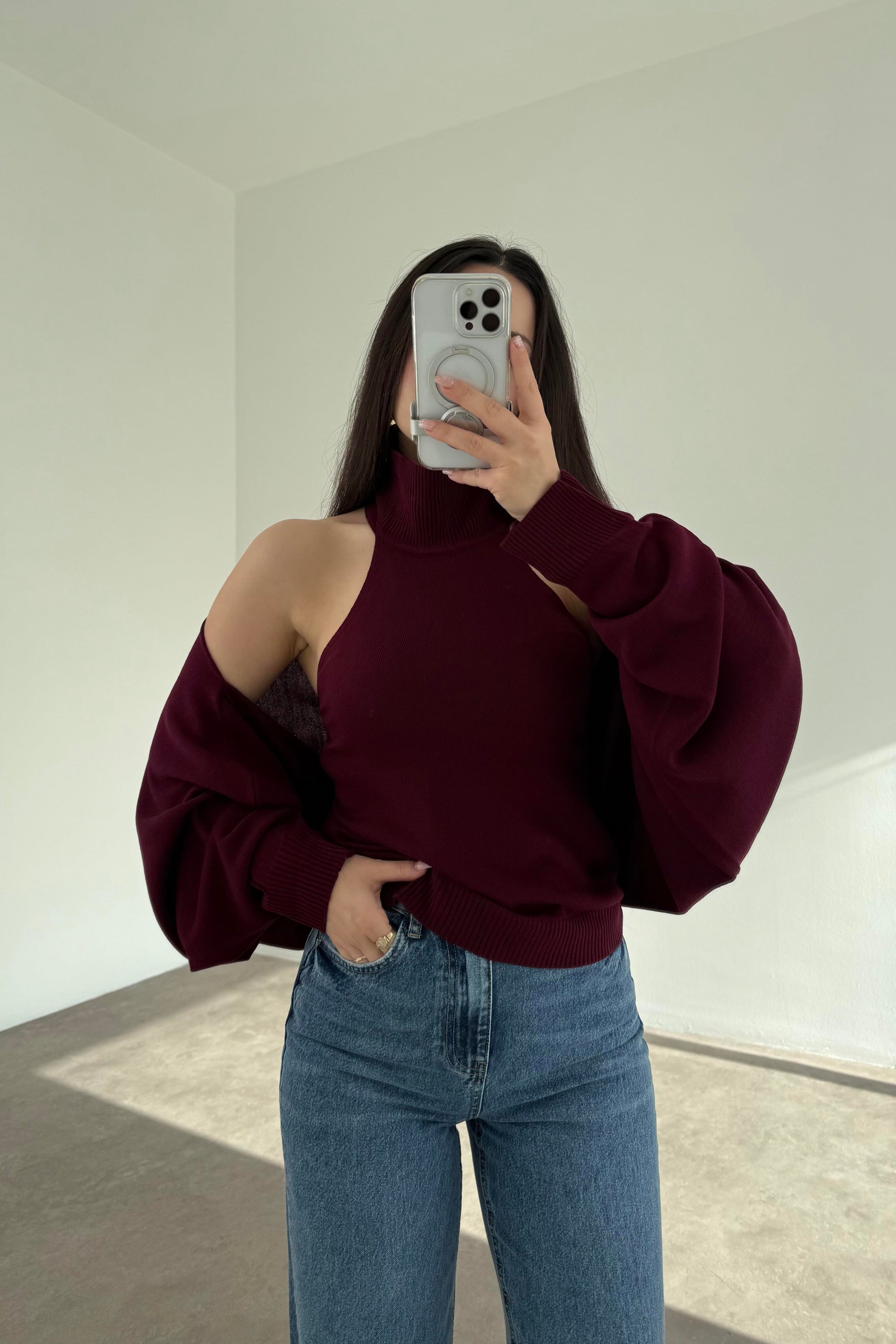 Bordo Halter Kesim Bluzlu Bolerolu Takım Üst