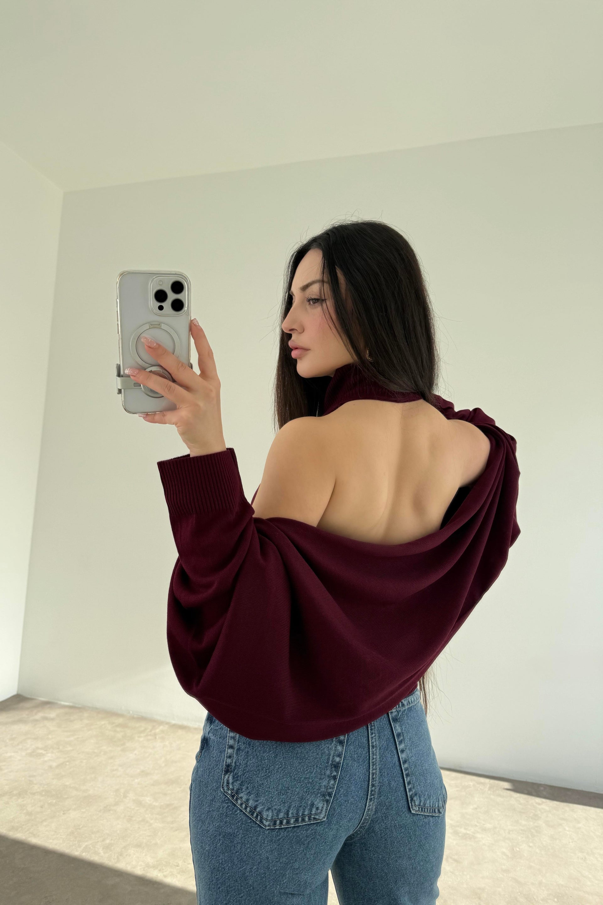 Bordo Halter Kesim Bluzlu Bolerolu Takım Üst
