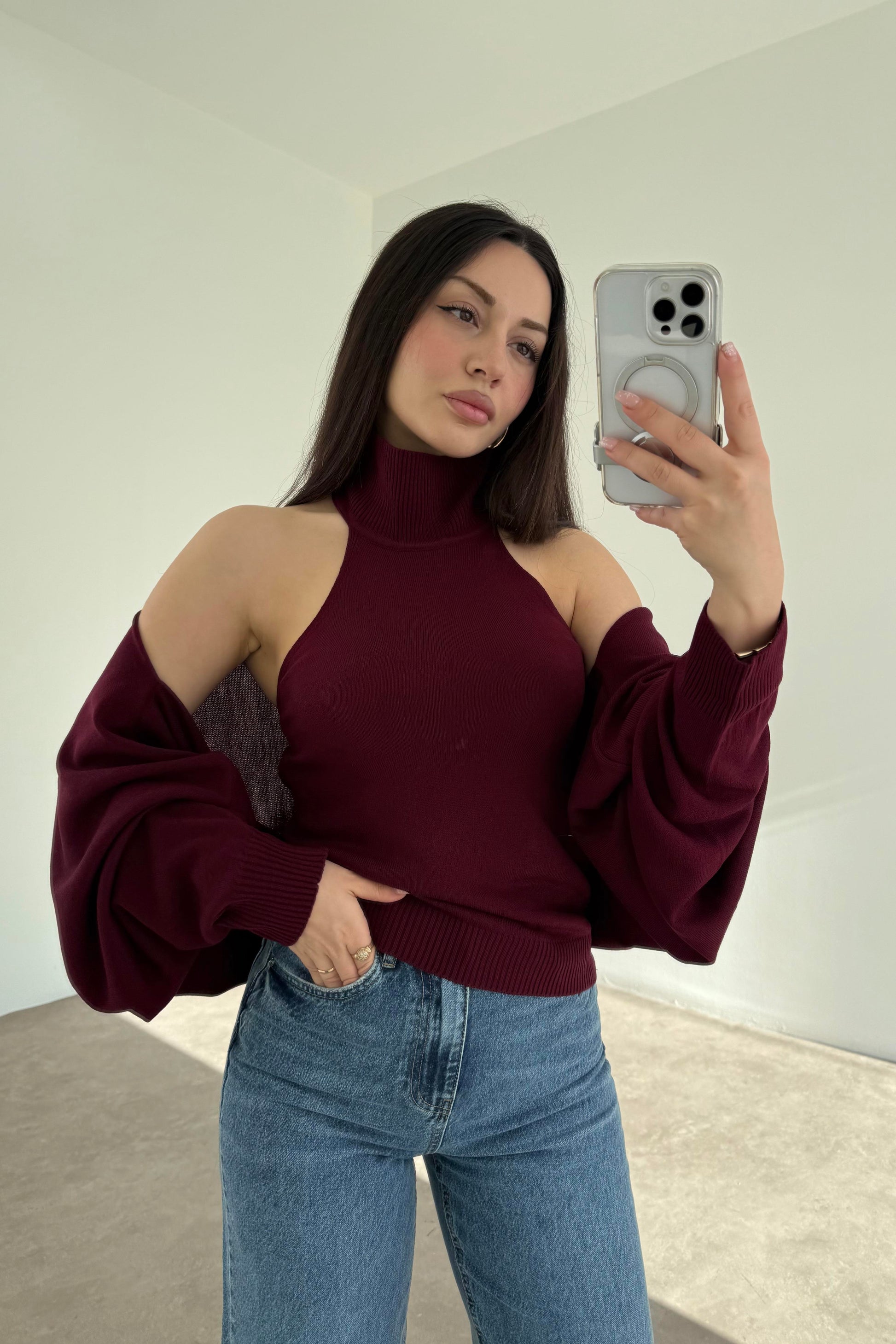 Bordo Halter Kesim Bluzlu Bolerolu Takım Üst