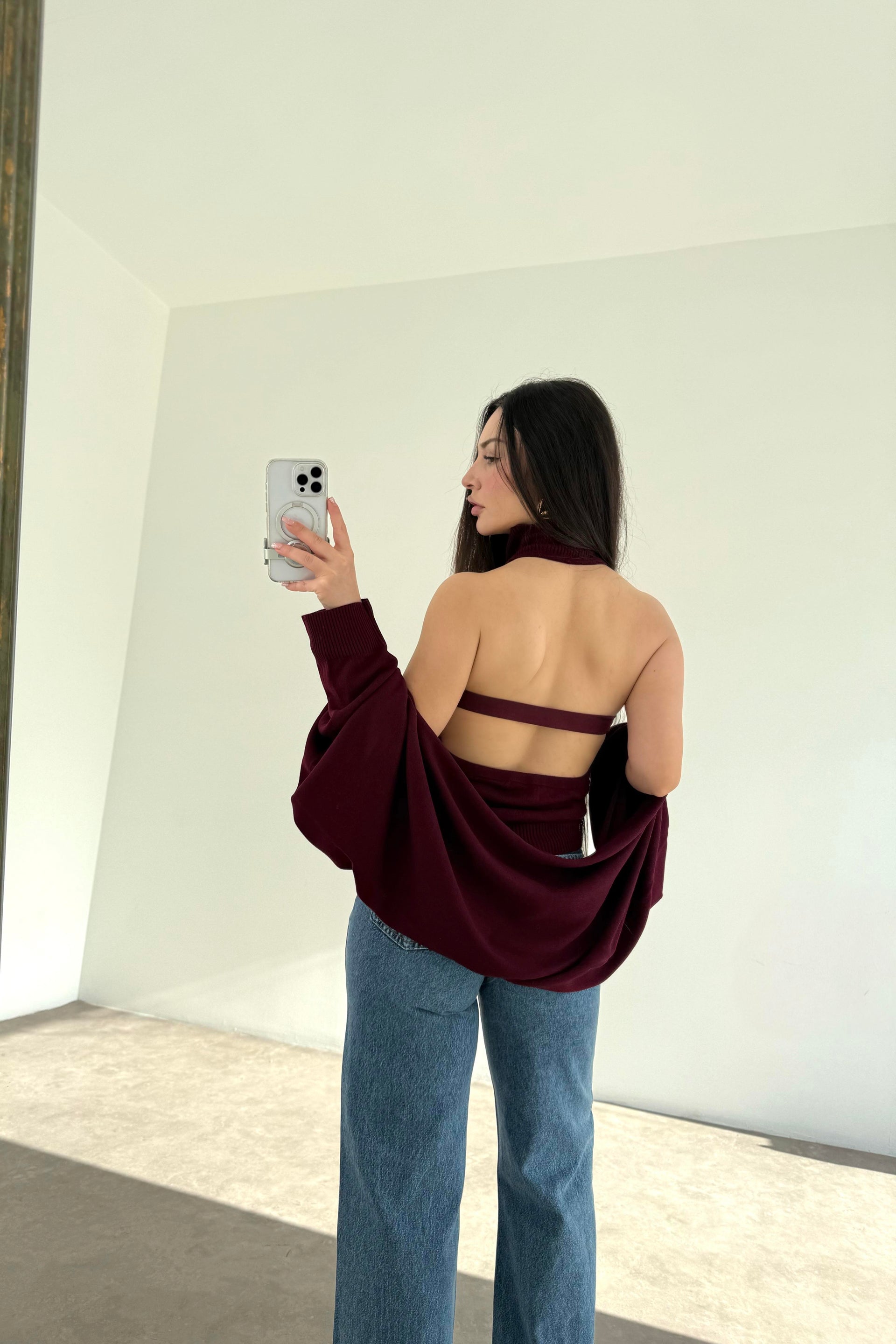 Bordo Halter Kesim Bluzlu Bolerolu Takım Üst