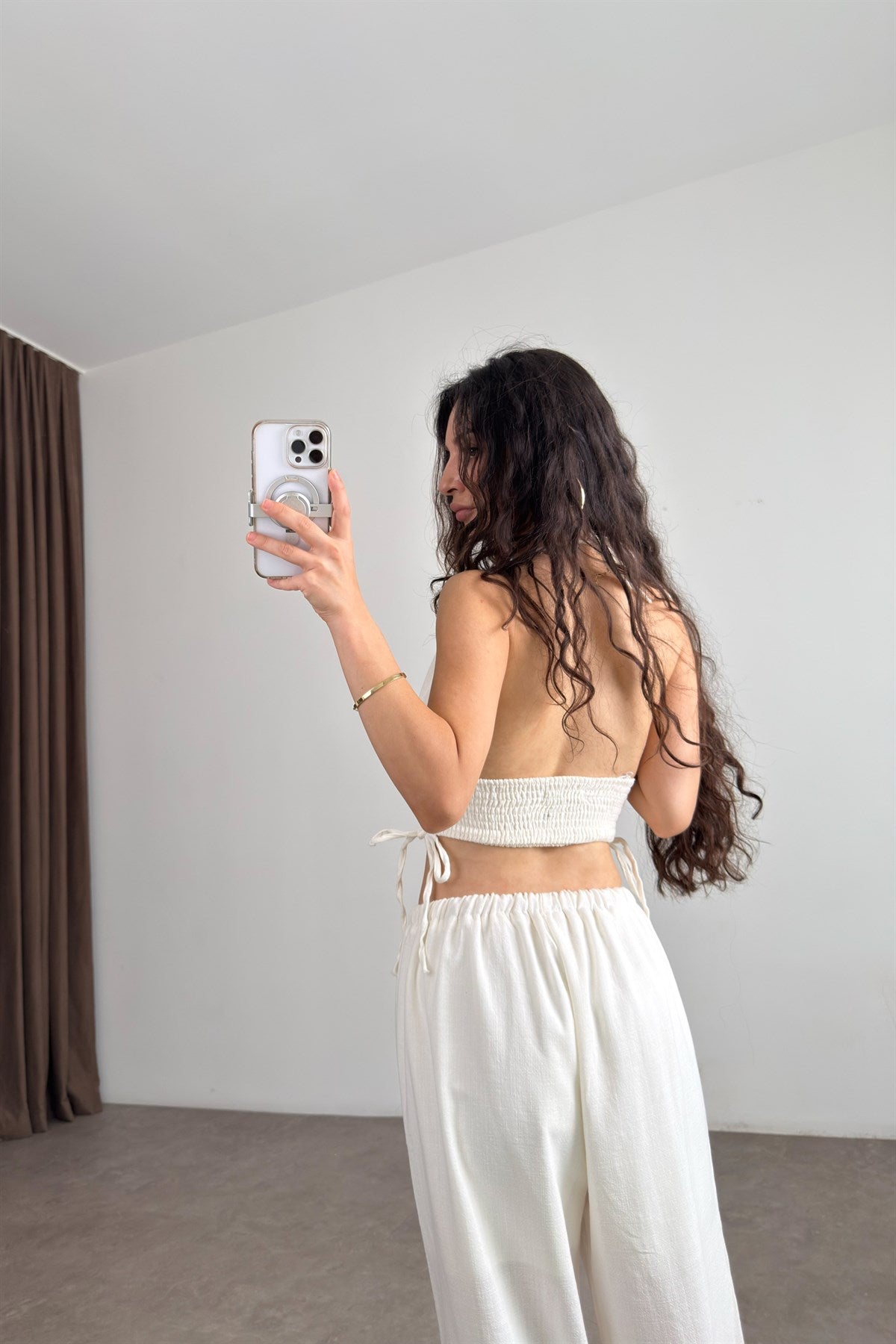 Boyundan Bağlamalı Müslin Ekru Crop Büstiyer