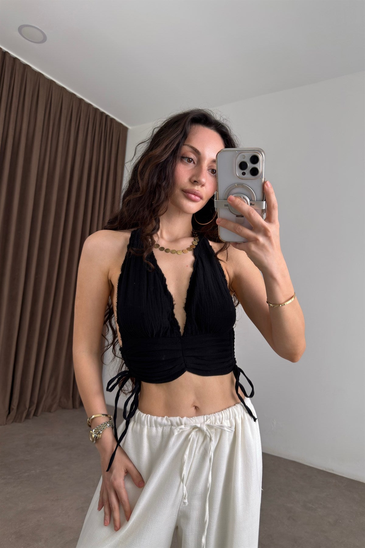 Boyundan Bağlamalı Müslin Siyah Crop Büstiyer