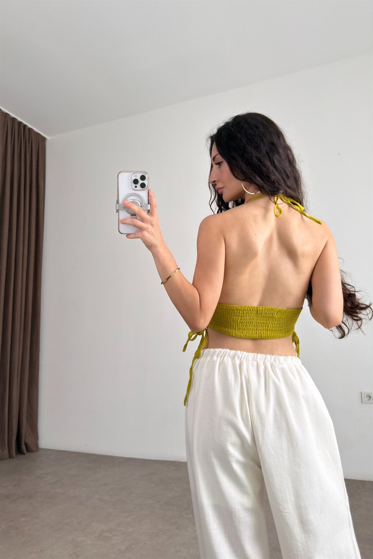 Boyundan Bağlamalı Müslin Yağ Yeşili Crop Büstiyer