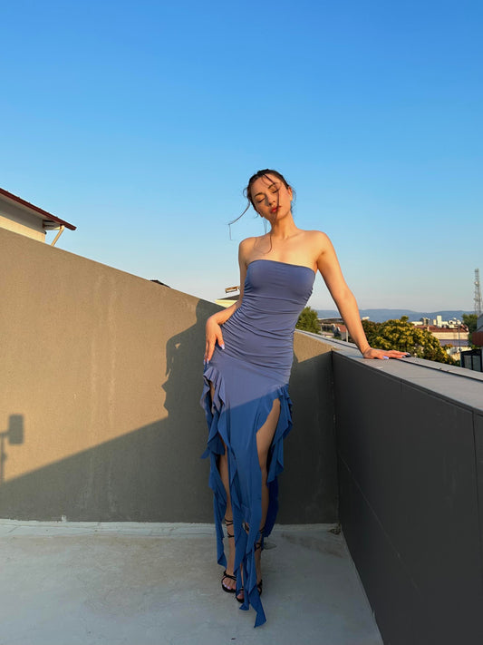 Brshka Model Fırfırlı Straplez Indıgo Elbise