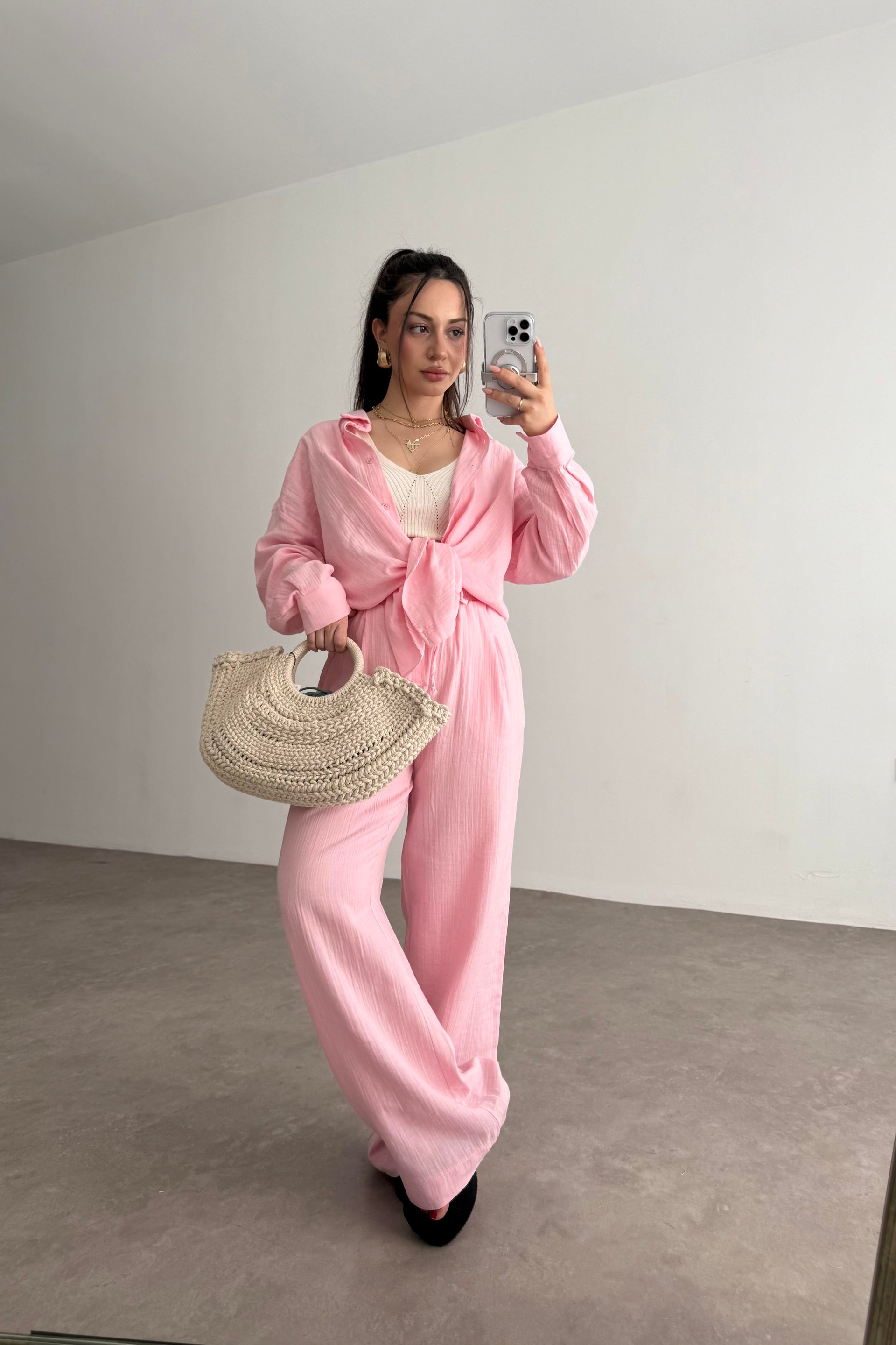 Bymn Clup Müslin Kumaş Gömlek Takım Pink