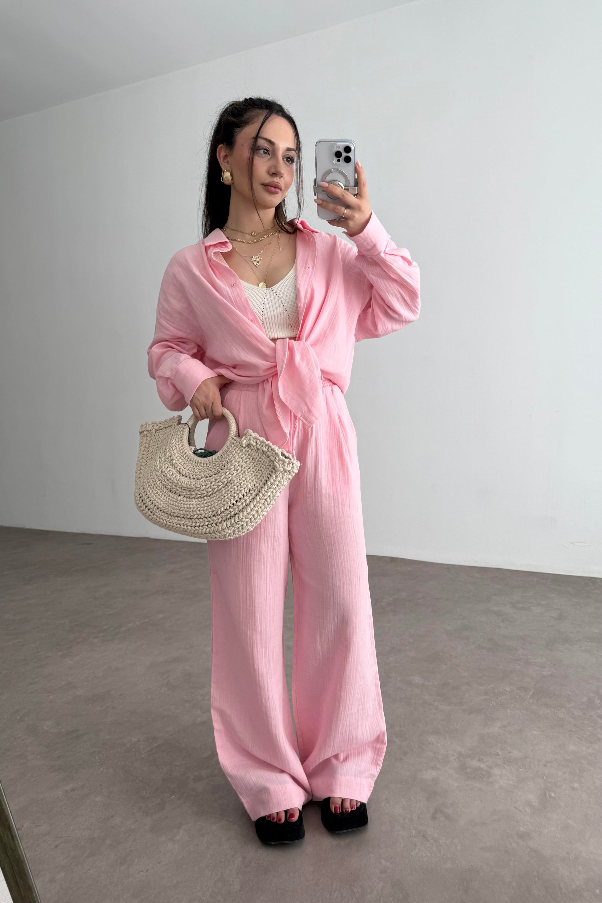 Bymn Clup Müslin Kumaş Gömlek Takım Pink