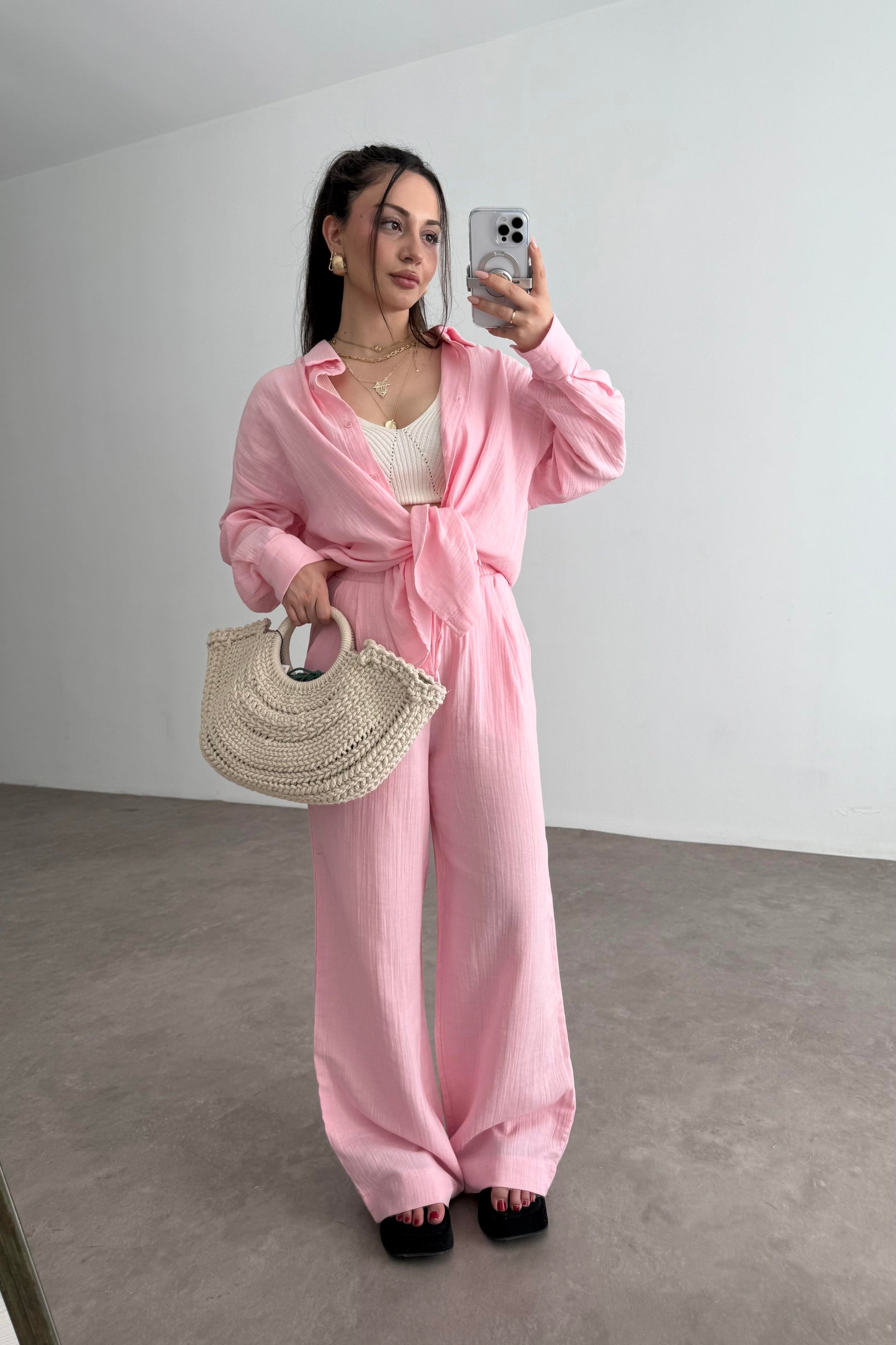 Bymn Clup Müslin Kumaş Gömlek Takım Pink