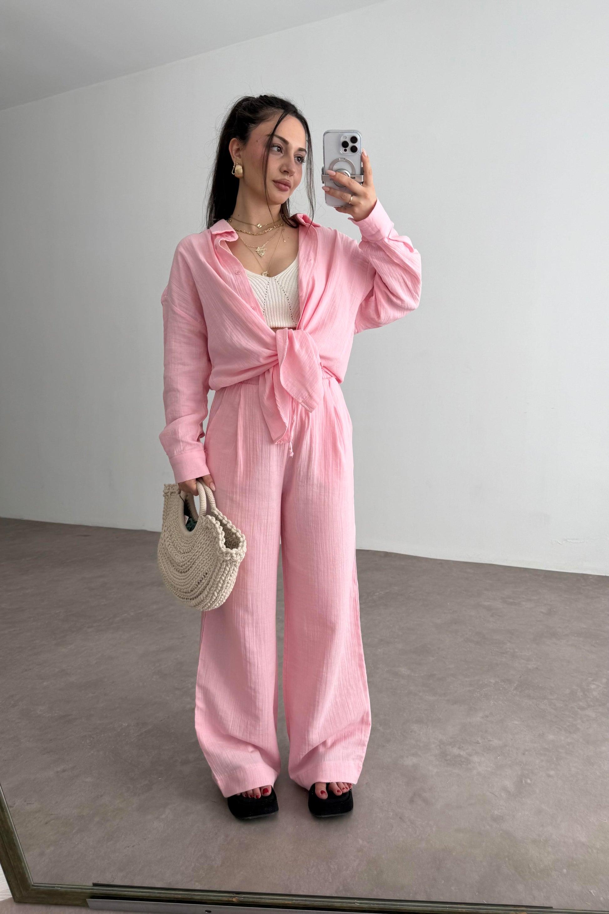 Bymn Clup Müslin Kumaş Gömlek Takım Pink