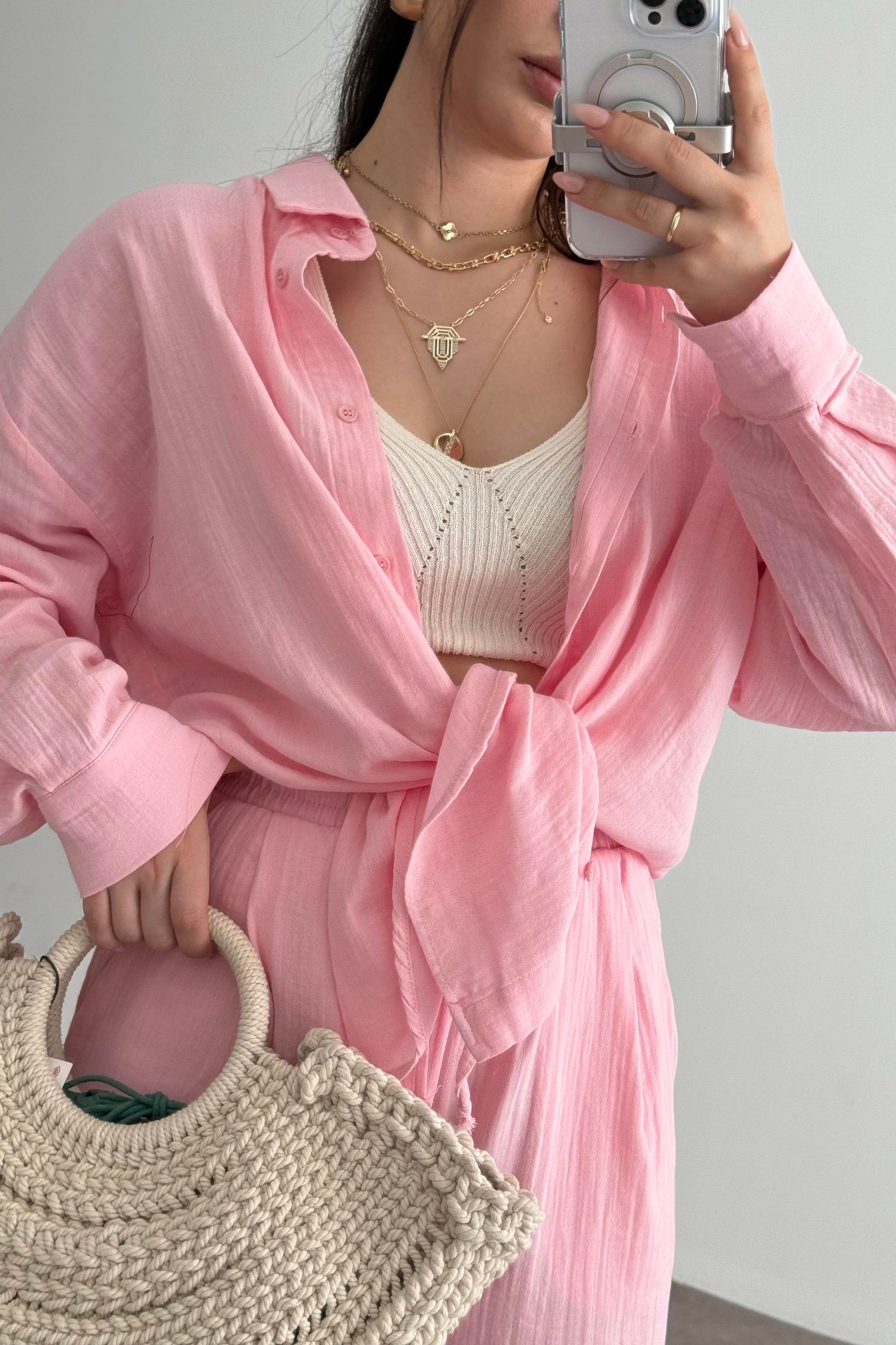 Bymn Clup Müslin Kumaş Gömlek Takım Pink
