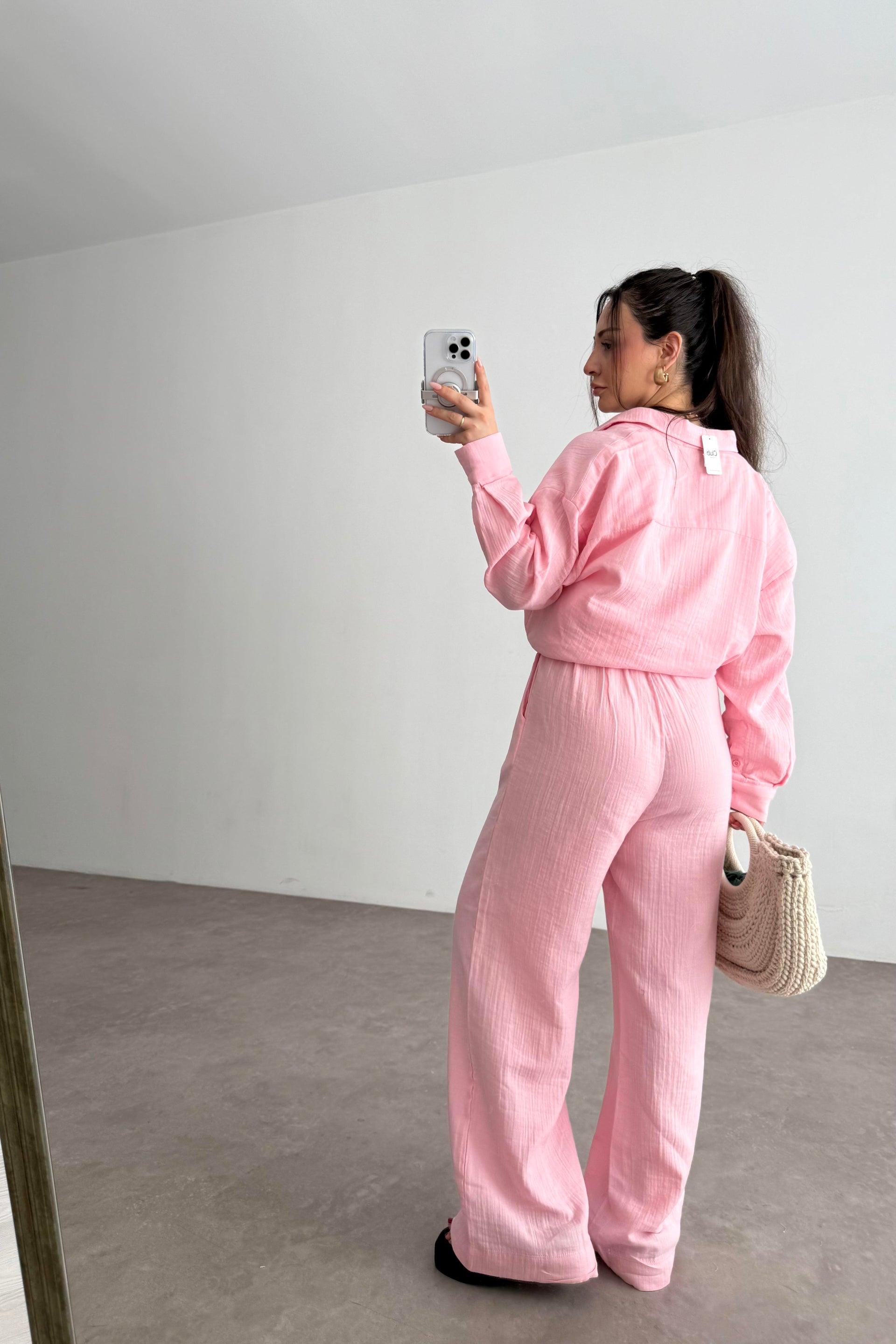 Bymn Clup Müslin Kumaş Gömlek Takım Pink