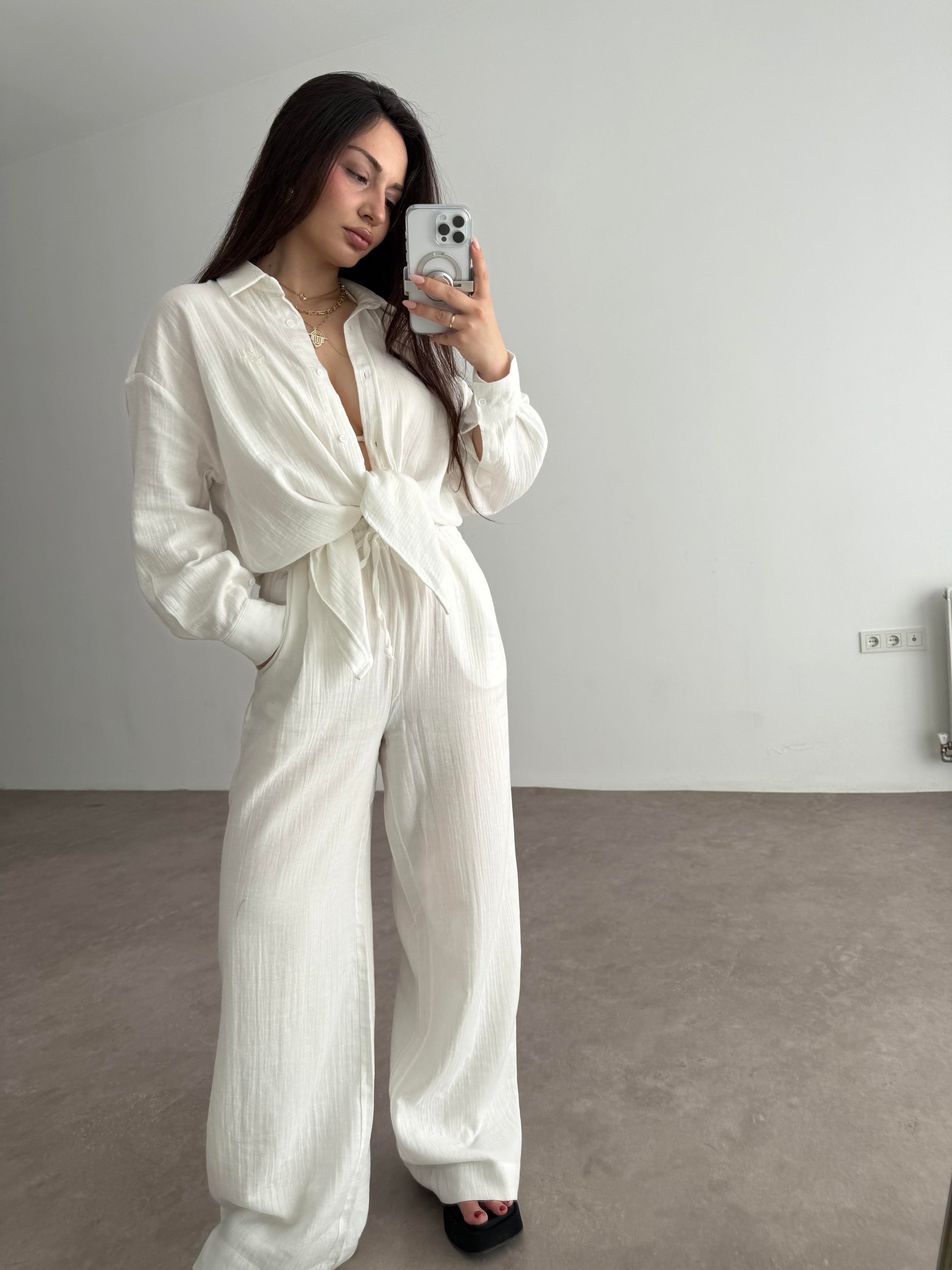 Bymn Clup Müslin Kumaş Gömlek Takım White