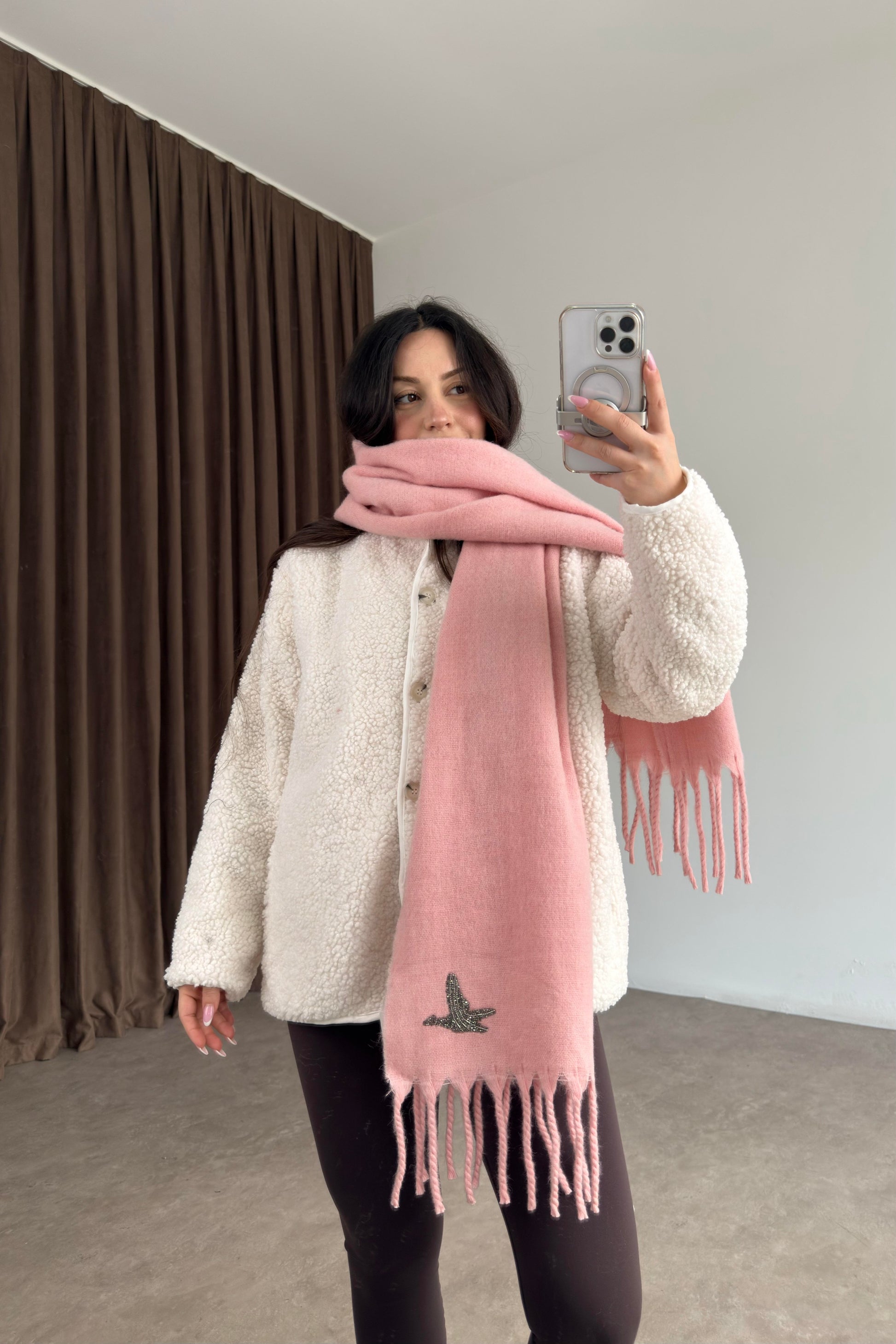Bymn Taşlı Logolu Pembe Atkı