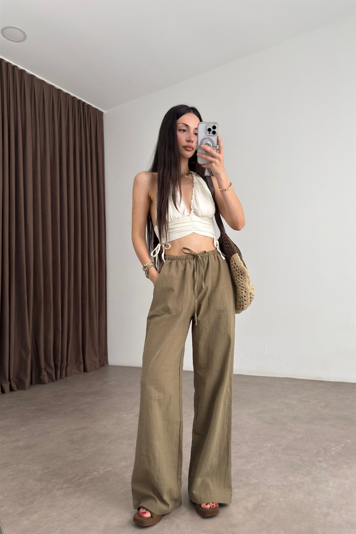 Cepli Pamuk Dokuma Bağcıklı Khaki Pantolon