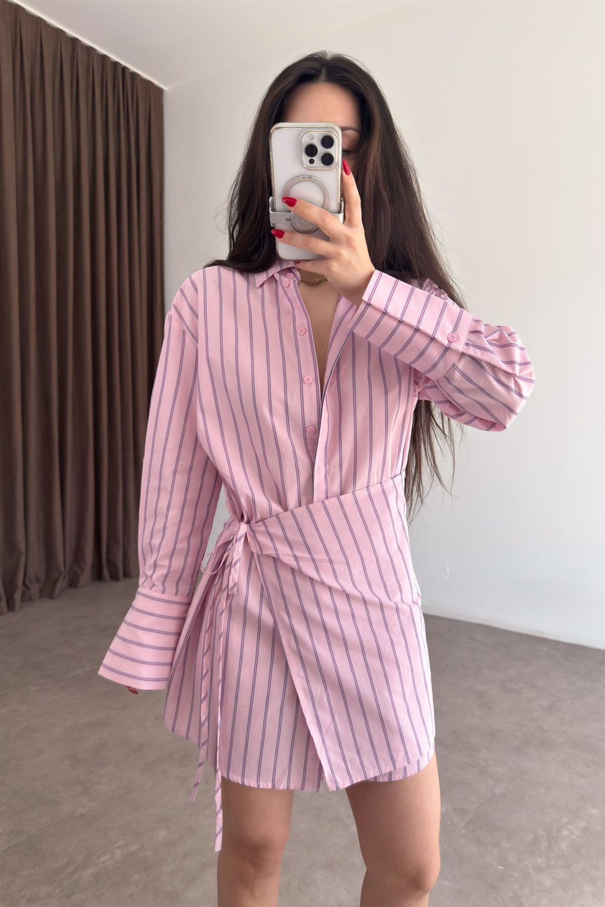 Çizgili Pembe Bağlamalı Gömlek Elbise
