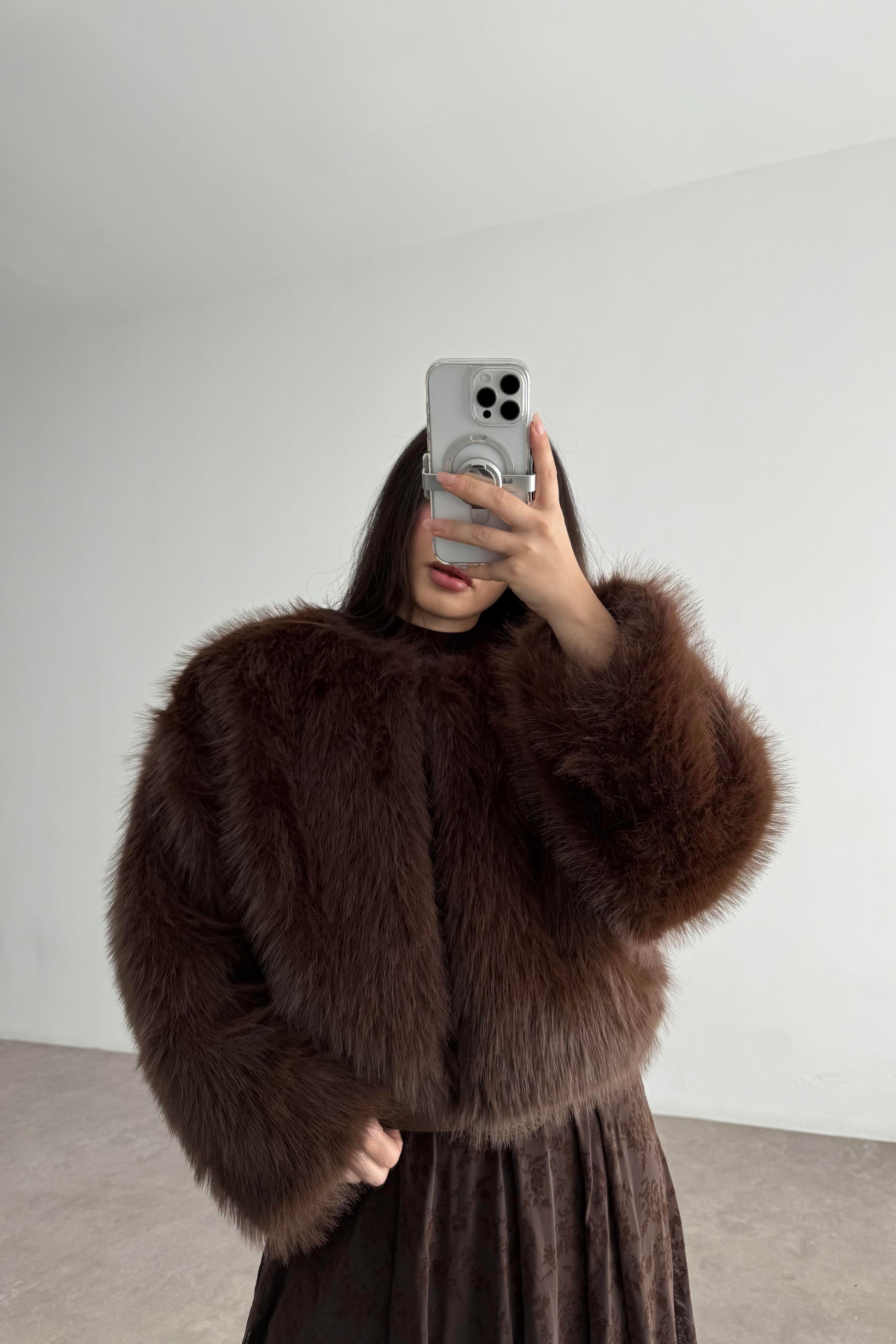 Clara Sıfır Yaka Premium Acı Kahve Kürk