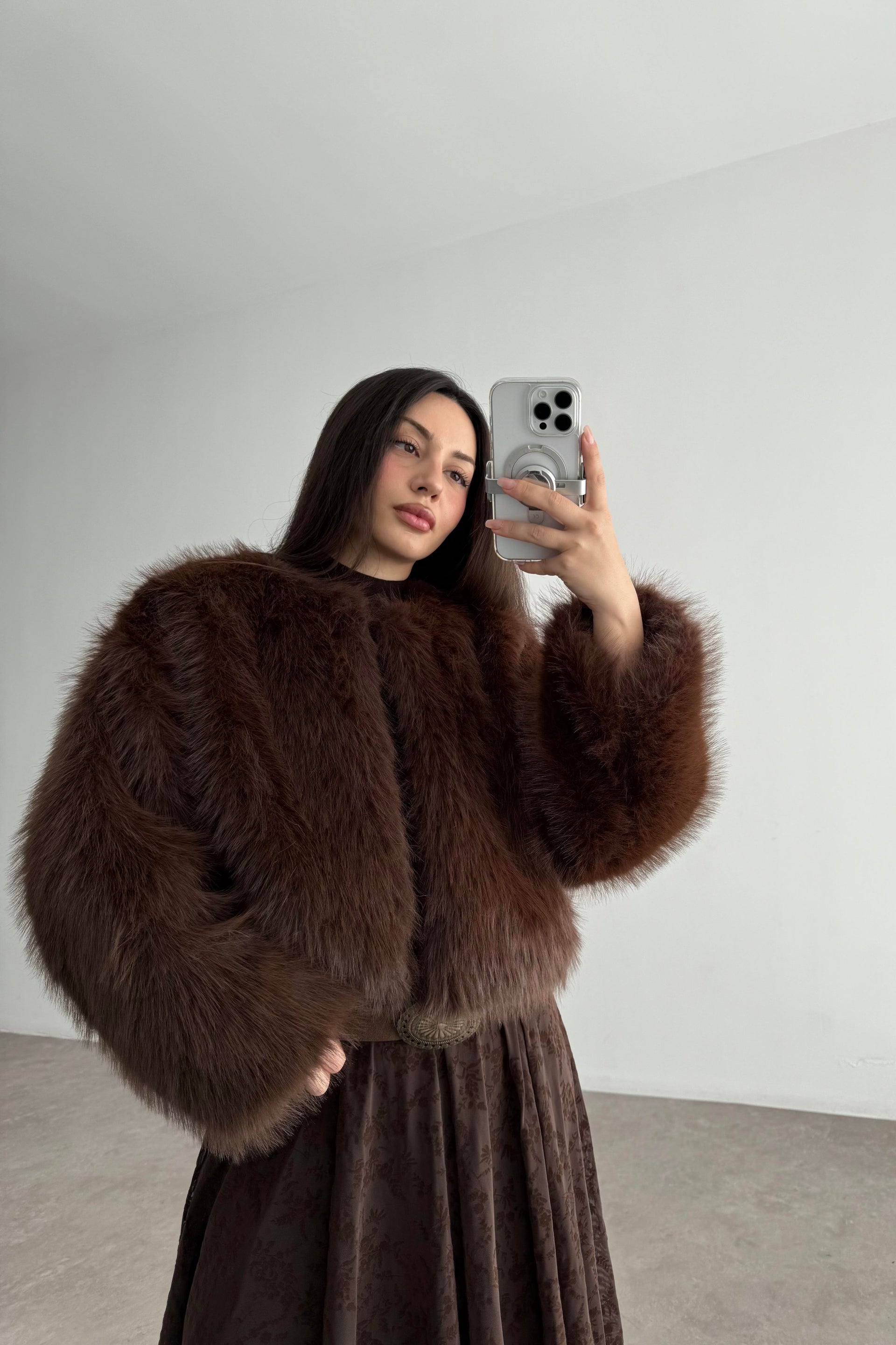 Clara Sıfır Yaka Premium Acı Kahve Kürk