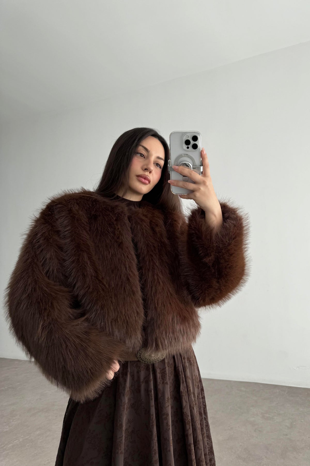 Clara Sıfır Yaka Premium Acı Kahve Kürk