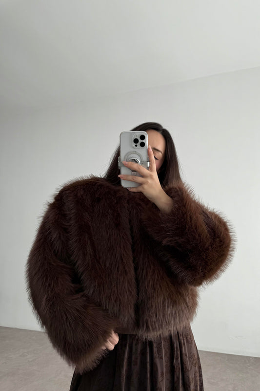 Clara Sıfır Yaka Premium Acı Kahve Kürk