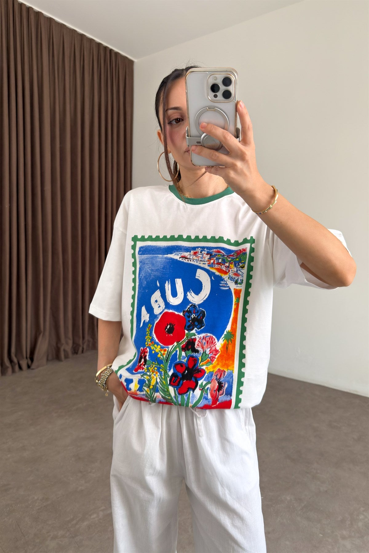 Cuba Baskılı Beyaz Tişört