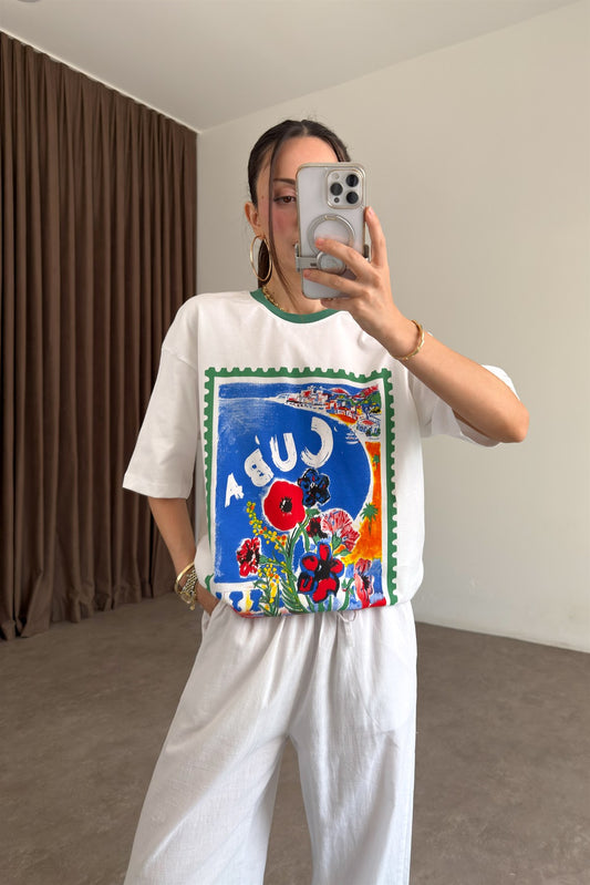 Cuba Baskılı Beyaz Tişört