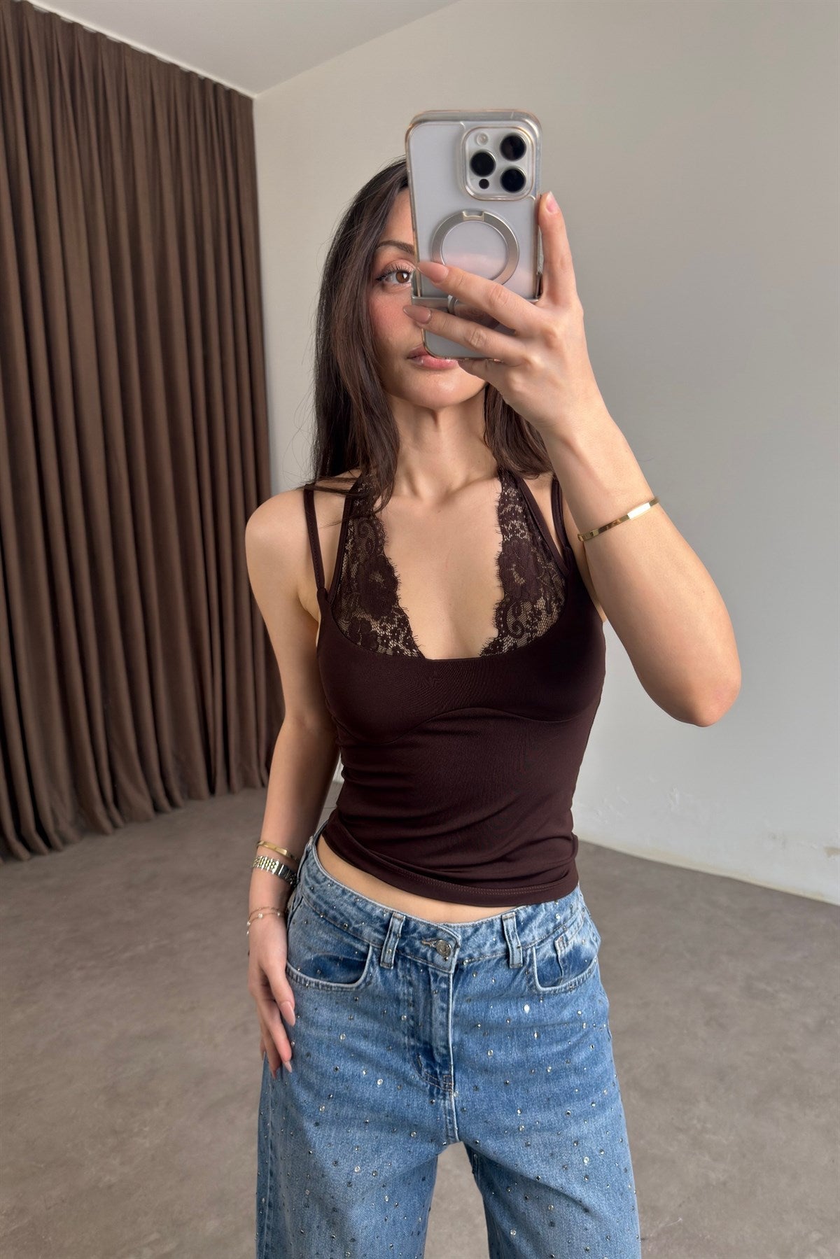 Dantel Detaylı Askılı Kahve Body