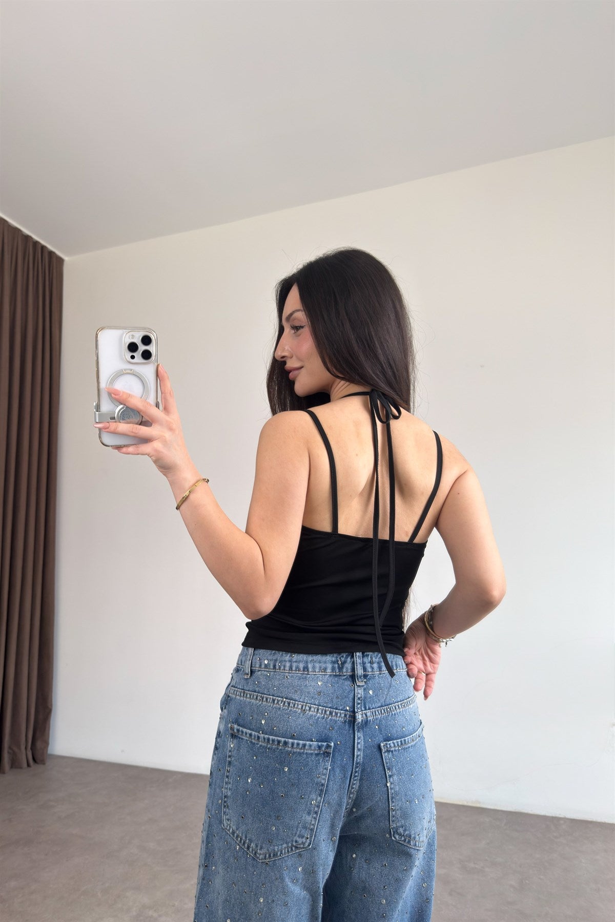 Dantel Detaylı Askılı Siyah Body