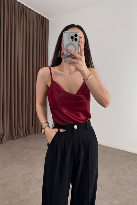 Degaje Yaka Saten Bordo Askılı Atlet