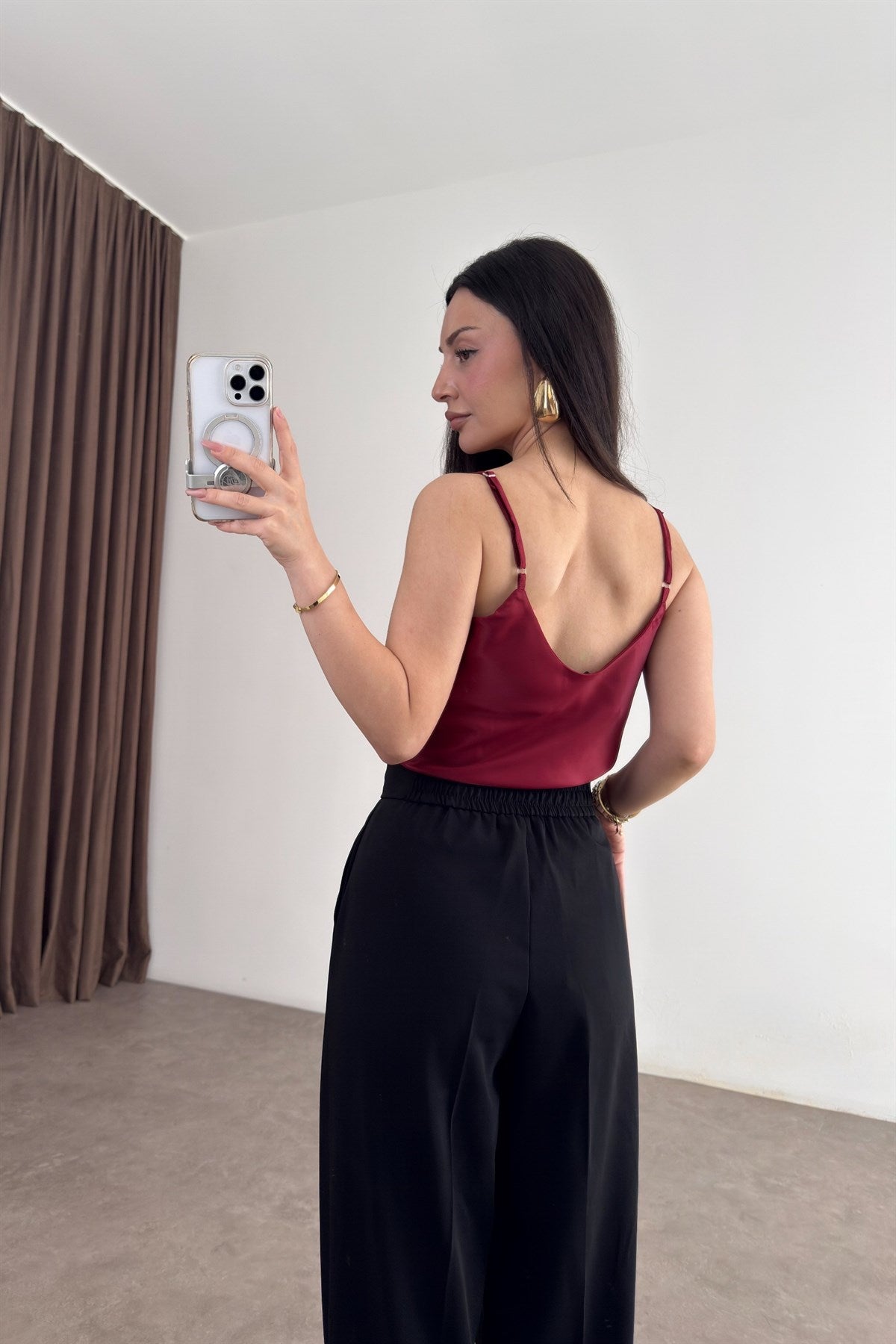 Degaje Yaka Saten Bordo Askılı Atlet
