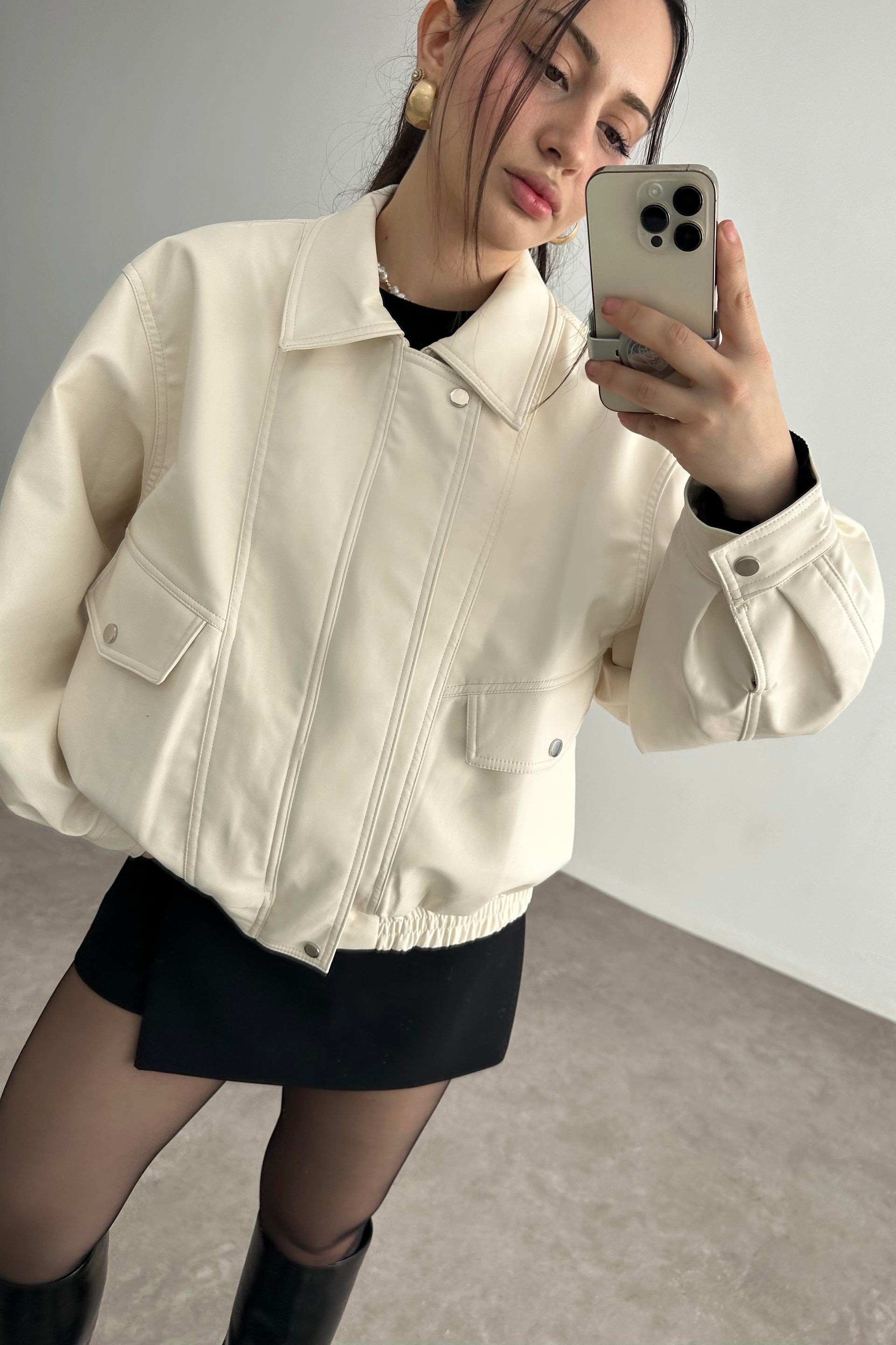 Deri Bomber Ceket Ekru