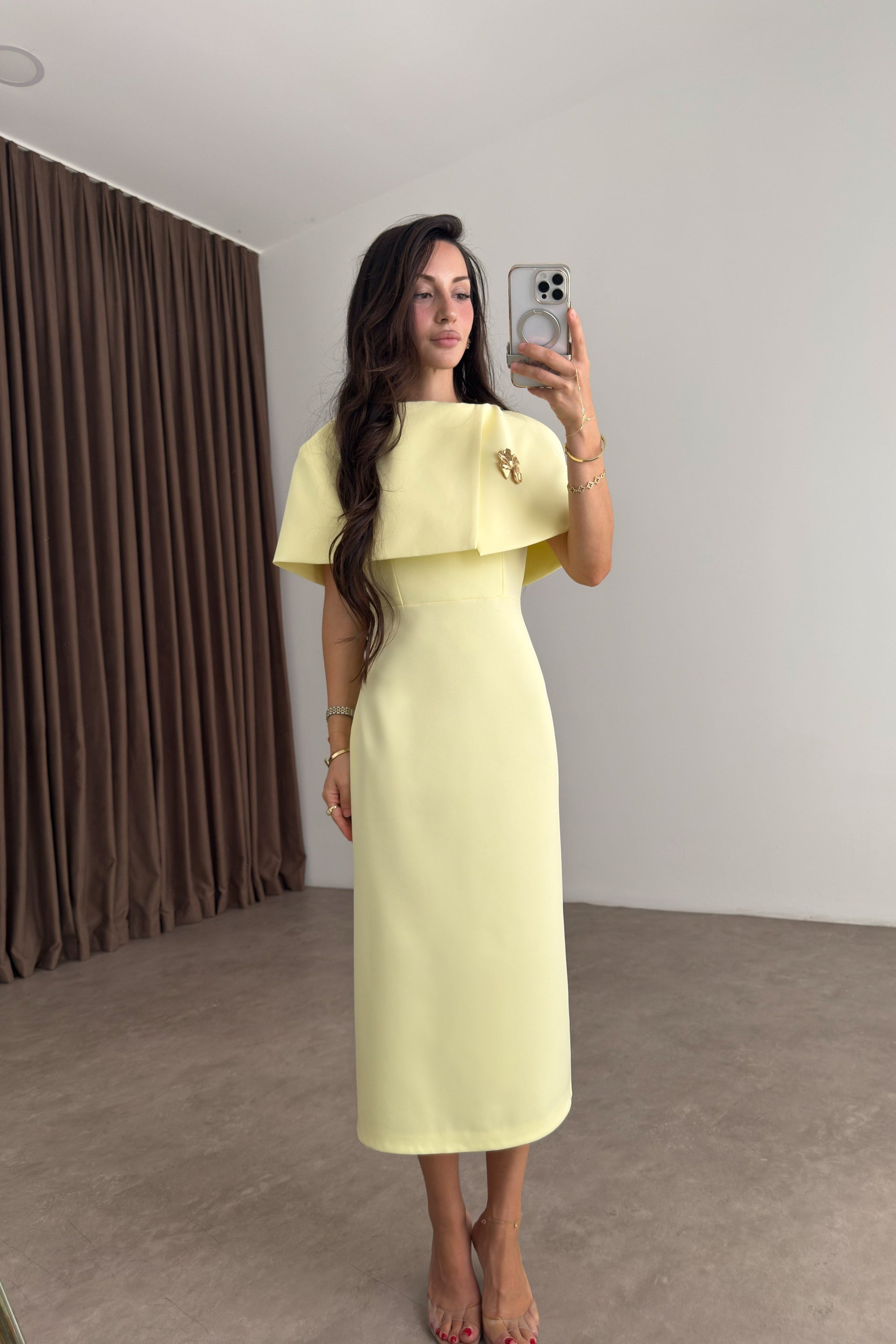 Diana Broşlu Pastel Sarı Midi Elbise