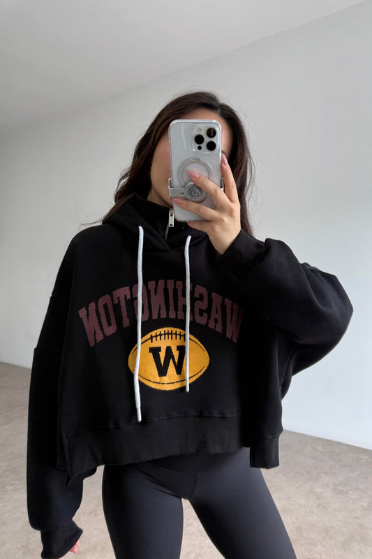 Dik Yakalı Kapüşonlu Kalın Şardonlu Siyah Sweatshirt