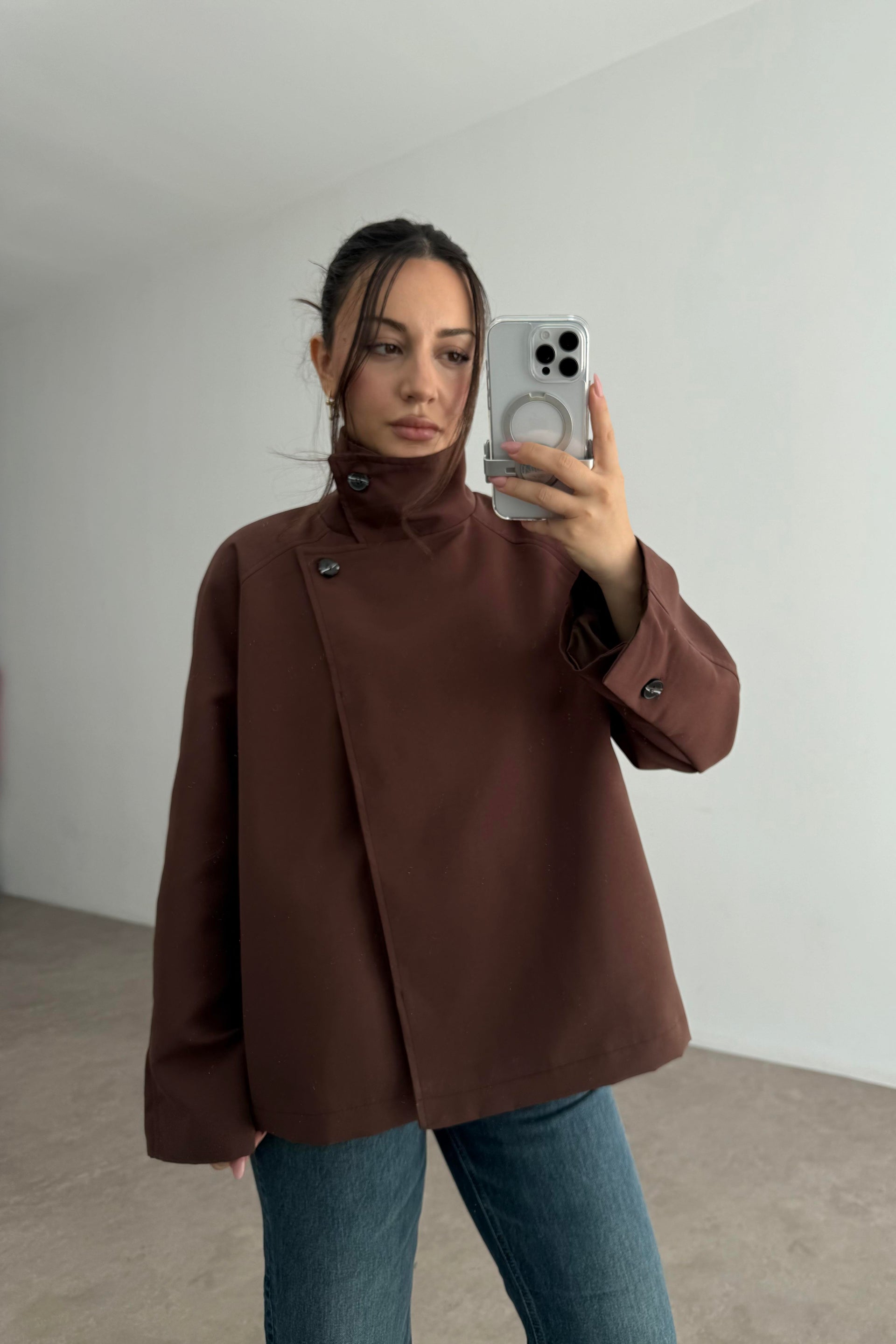 Dik Yakalı Premium Kalite Kısa Kahve Trençkot