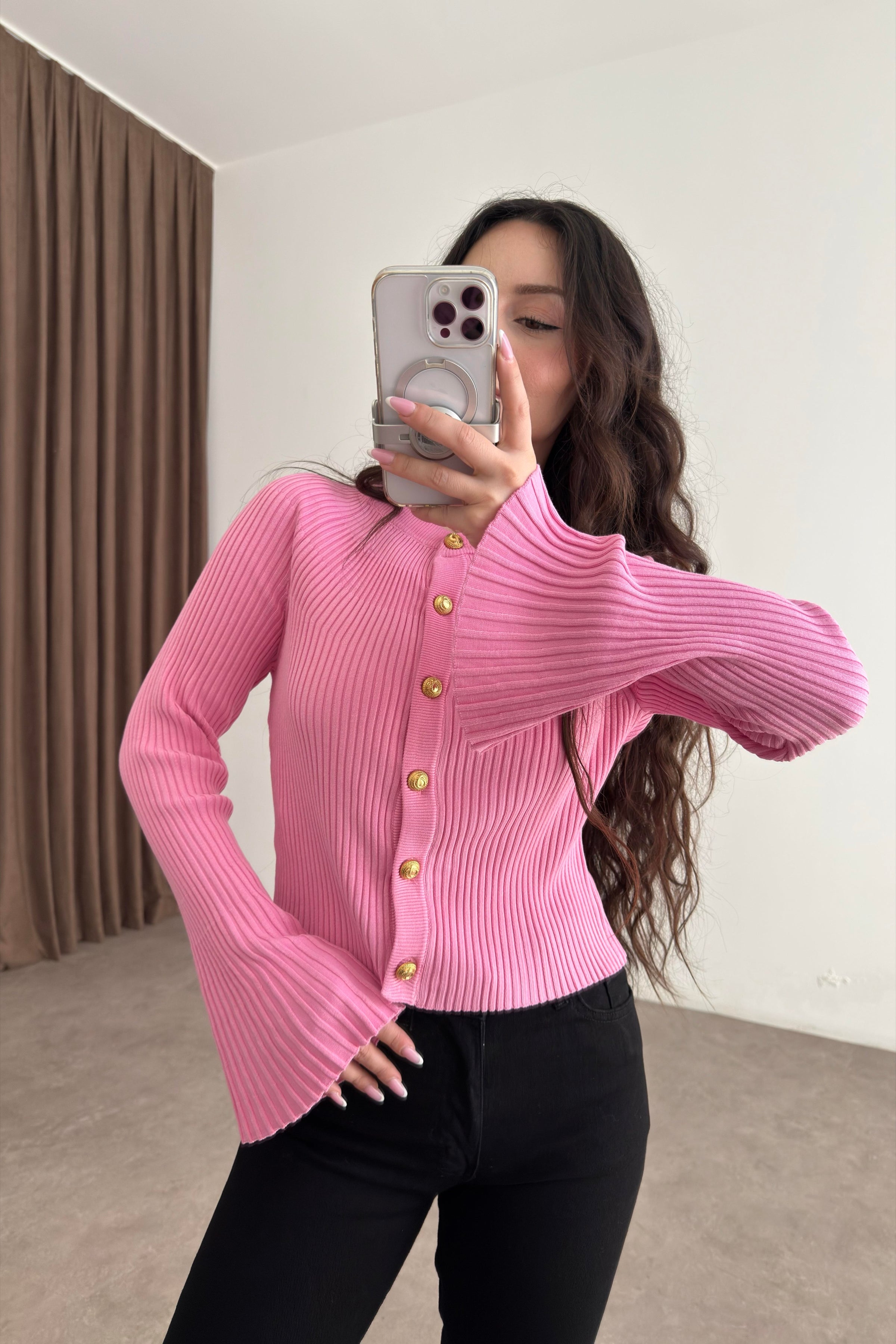 Dilvin Bisiklet Yaka Düğmeli İspanyol Kol Pembe Hırka