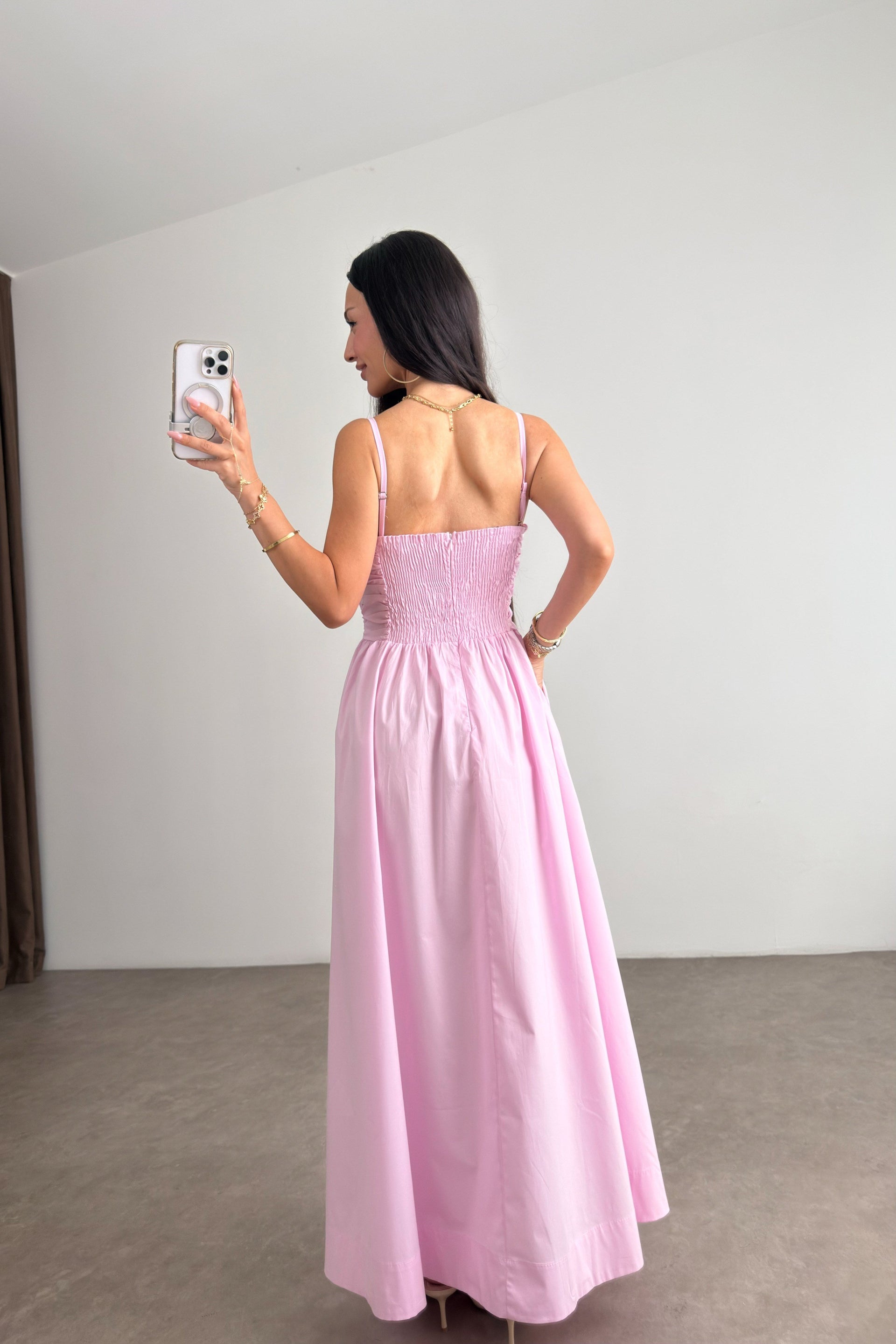 Drapeli Askılı Poplin Pembe Maxi Elbise