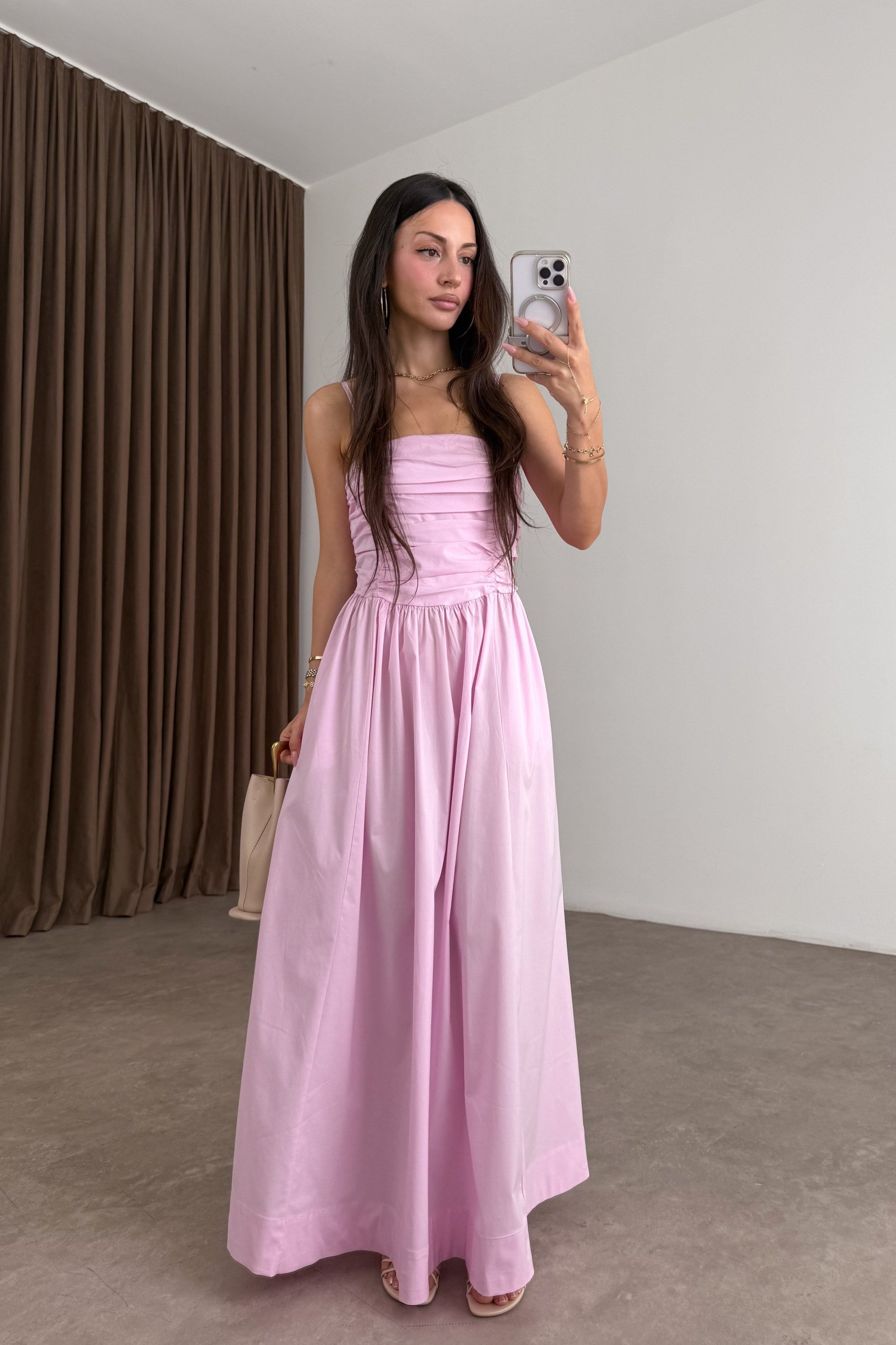 Drapeli Askılı Poplin Pembe Maxi Elbise
