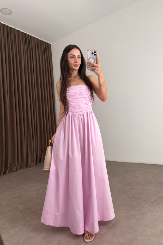 Drapeli Askılı Poplin Pembe Maxi Elbise