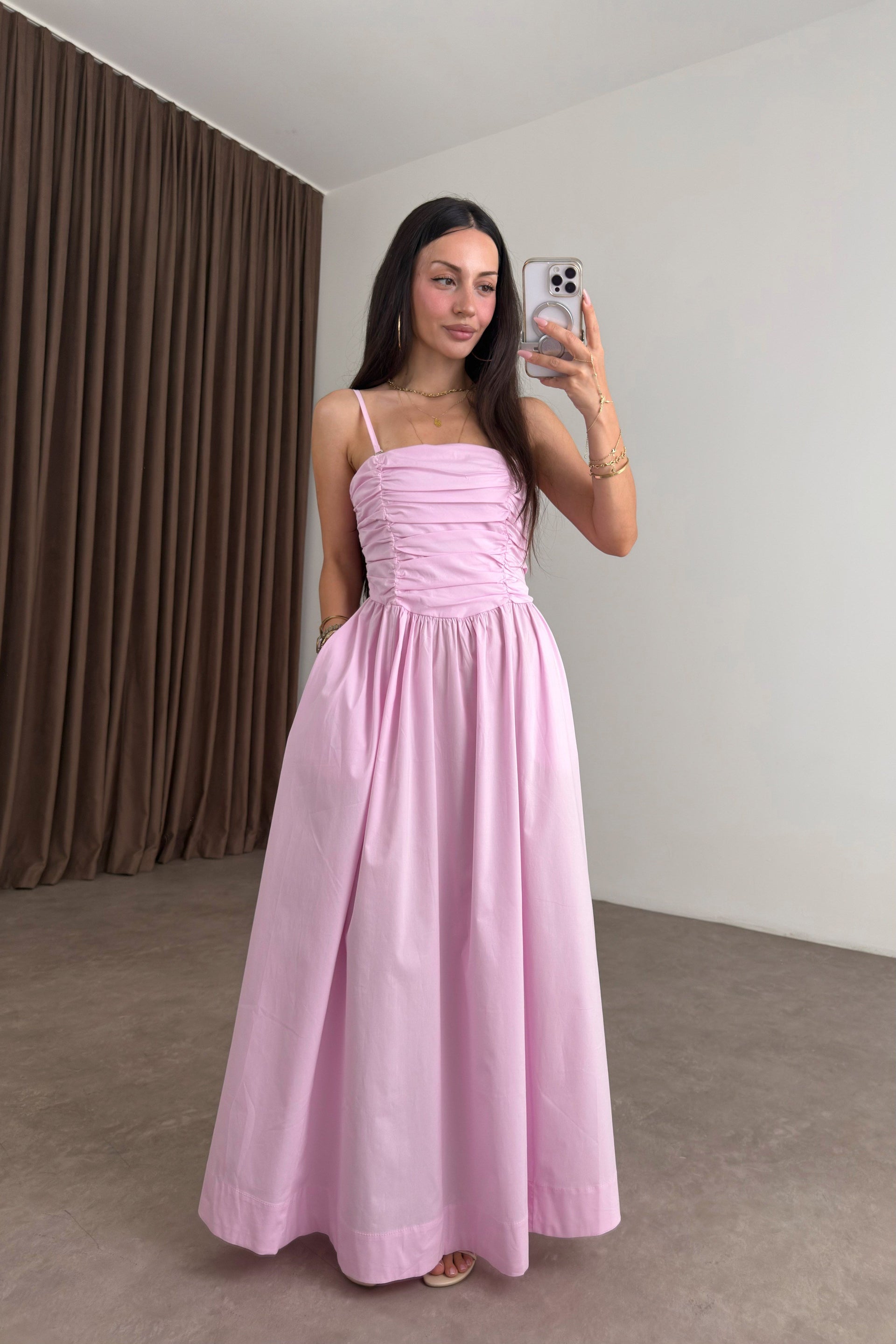 Drapeli Askılı Poplin Pembe Maxi Elbise