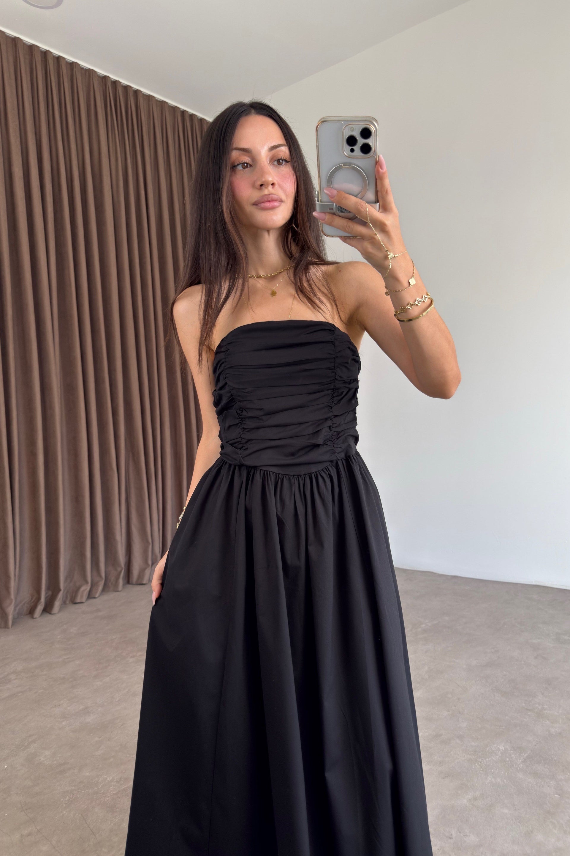Drapeli Askılı Poplin Siyah Maxi Elbise