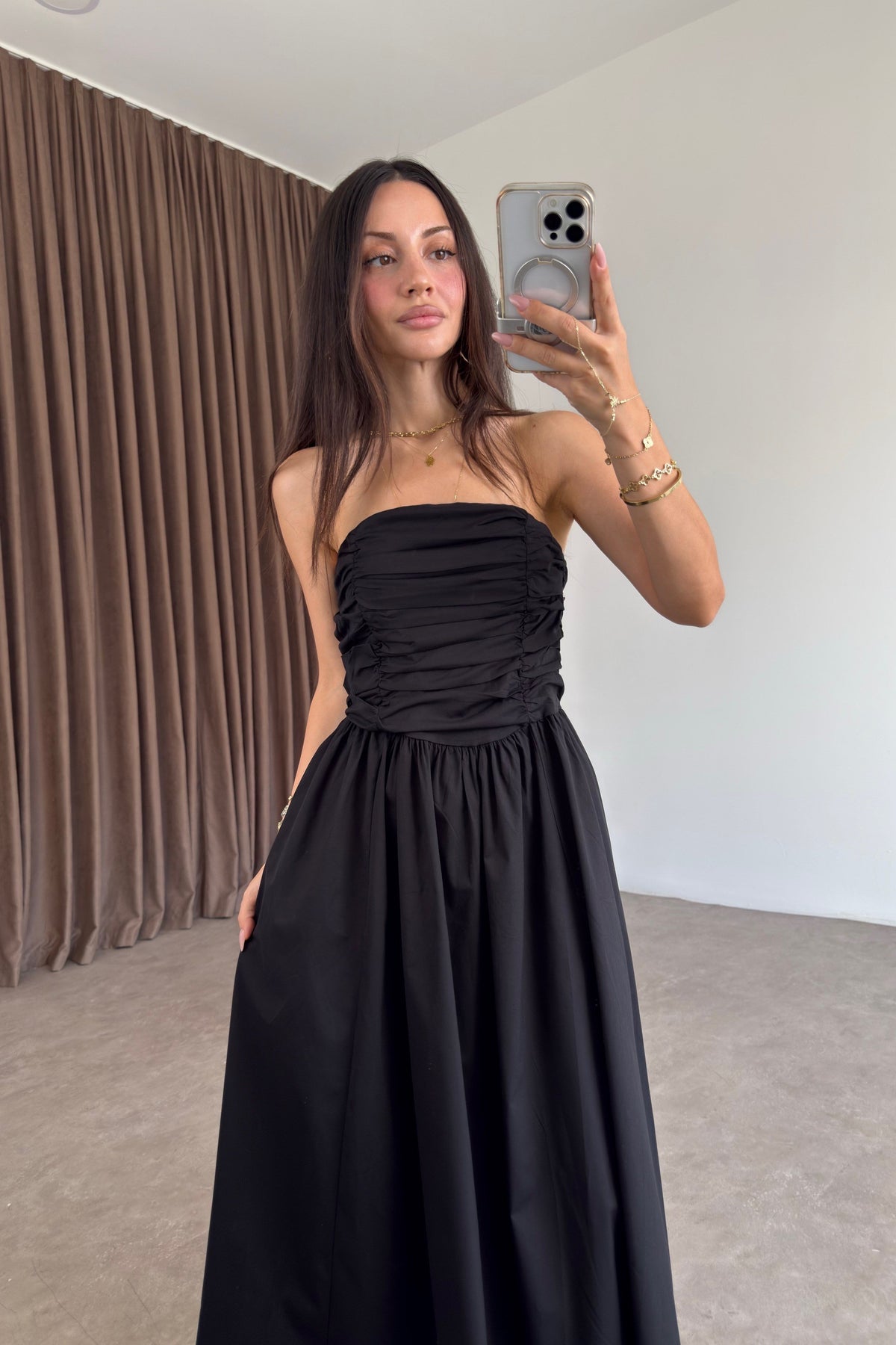 Drapeli Askılı Poplin Siyah Maxi Elbise